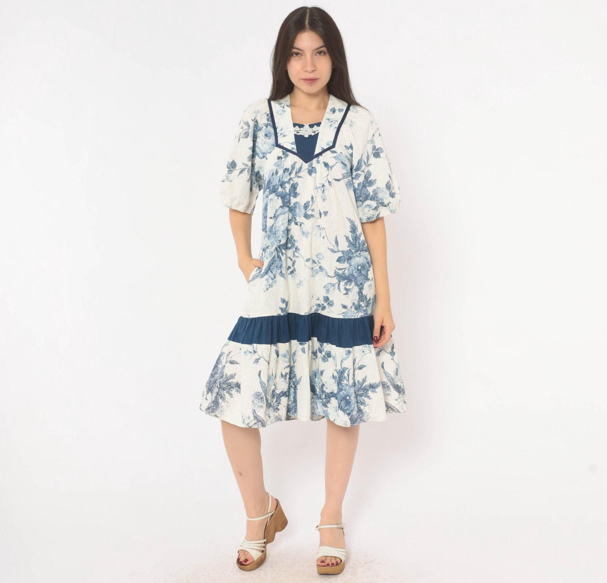 80s Liberty House Blue Floral Toile Cotton Dress V-Neck Puff Sleeve Extra Small XS