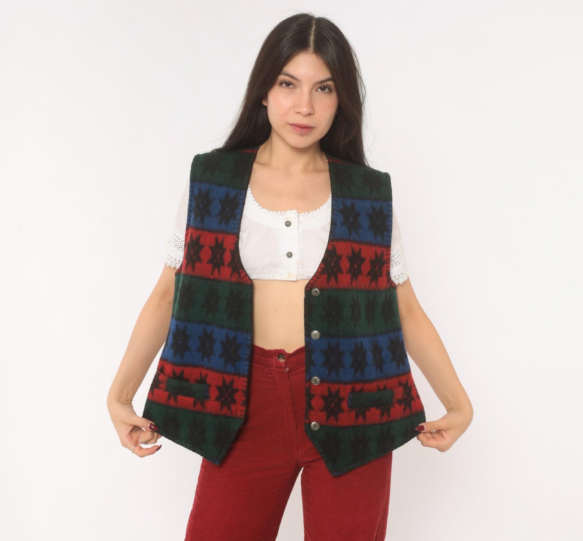 90s Erika Wool Vest Star Pattern Striped Navy Burgundy Forest Green Medium M