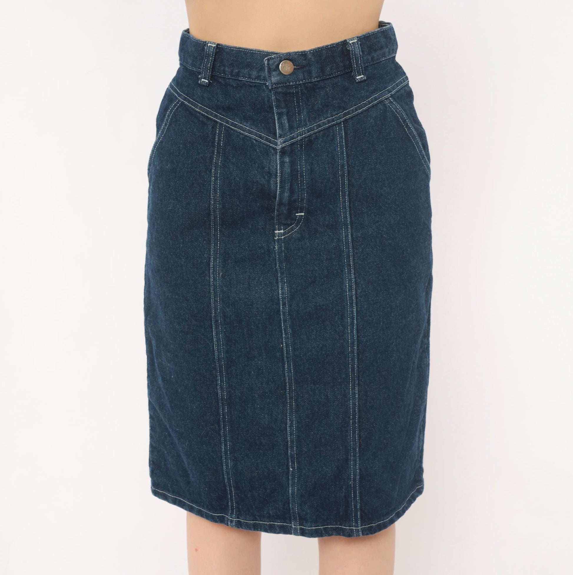 80s Cheryl Tiegs Denim Pencil Skirt High Waist Dark Wash Western Yoke Small S