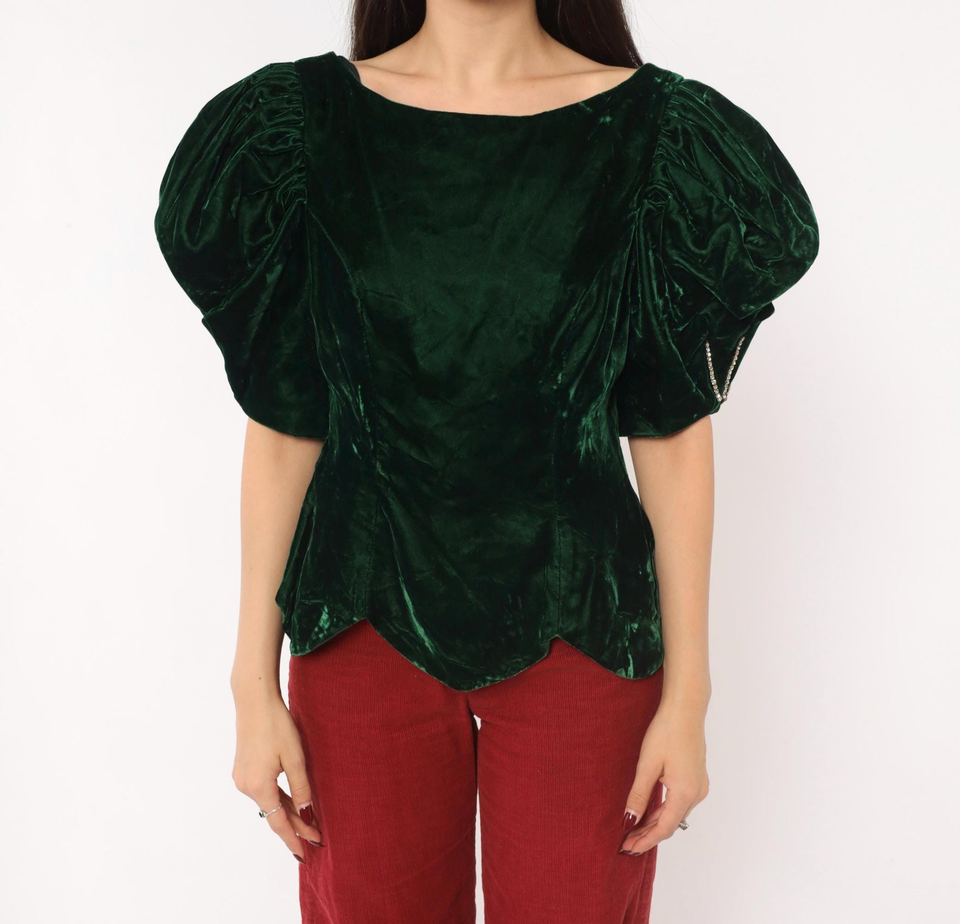 80s Emerald Velvet Puff Sleeve Blouse Forest Green Bow Back Rhinestone Medium