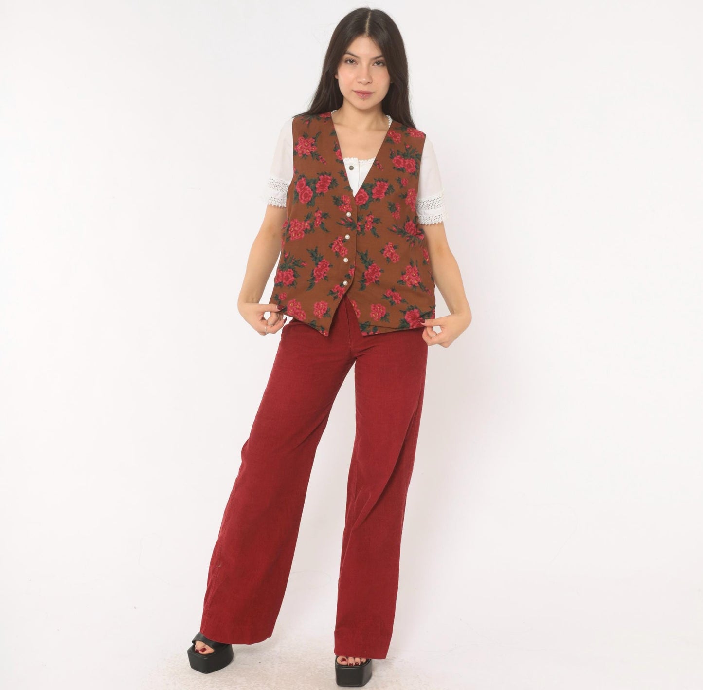 90s Karen Scott Floral Vest Brown Pink Rose Button Front Tie Back Small
