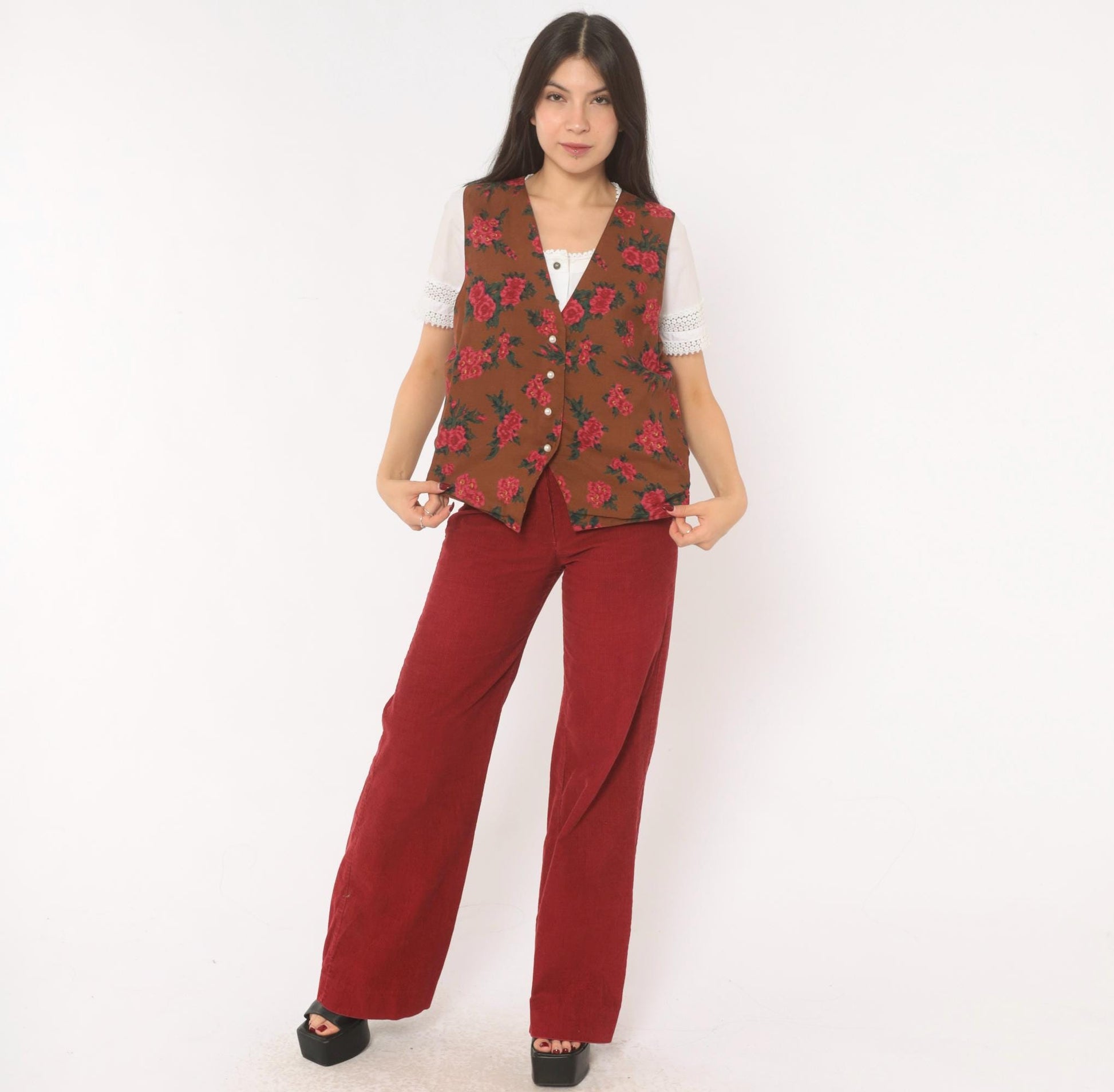 90s Karen Scott Floral Vest Brown Pink Rose Button Front Tie Back Small