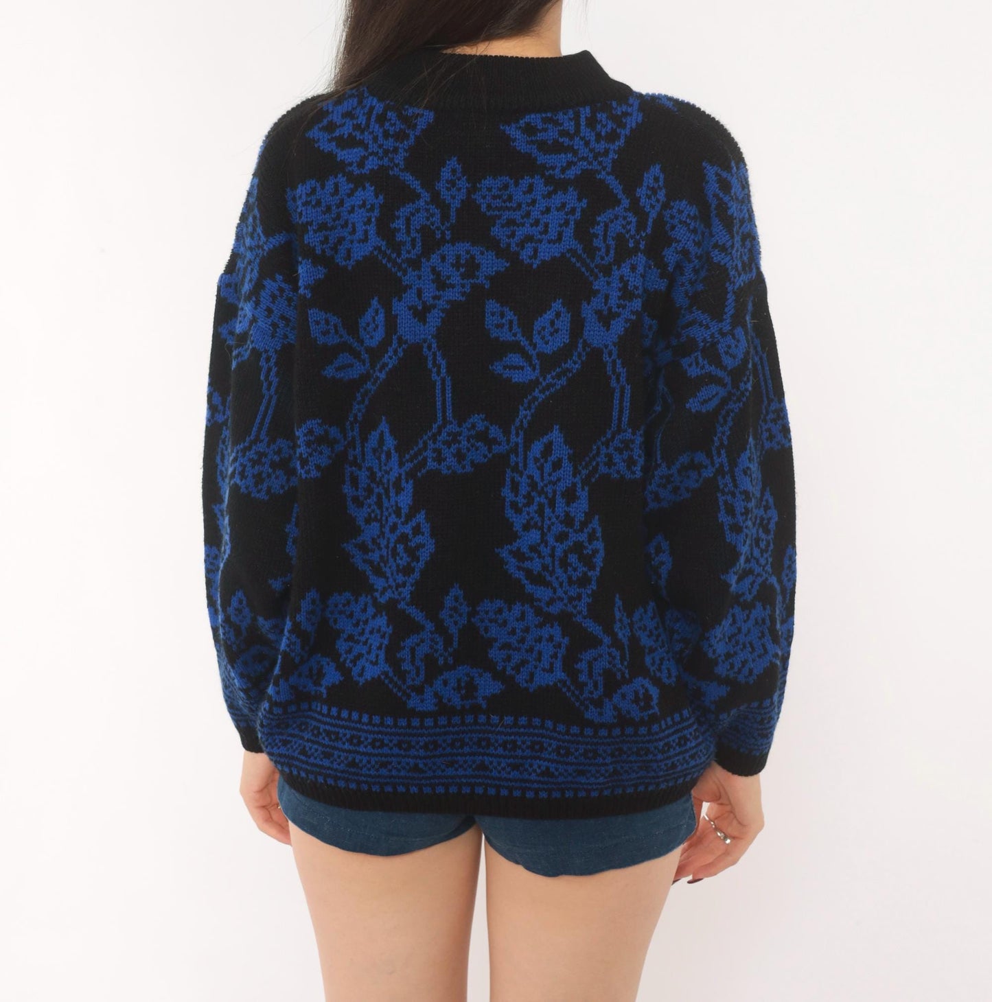80s Jamie Scott Floral Knit Sweater Black Blue Rose Jacquard Medium