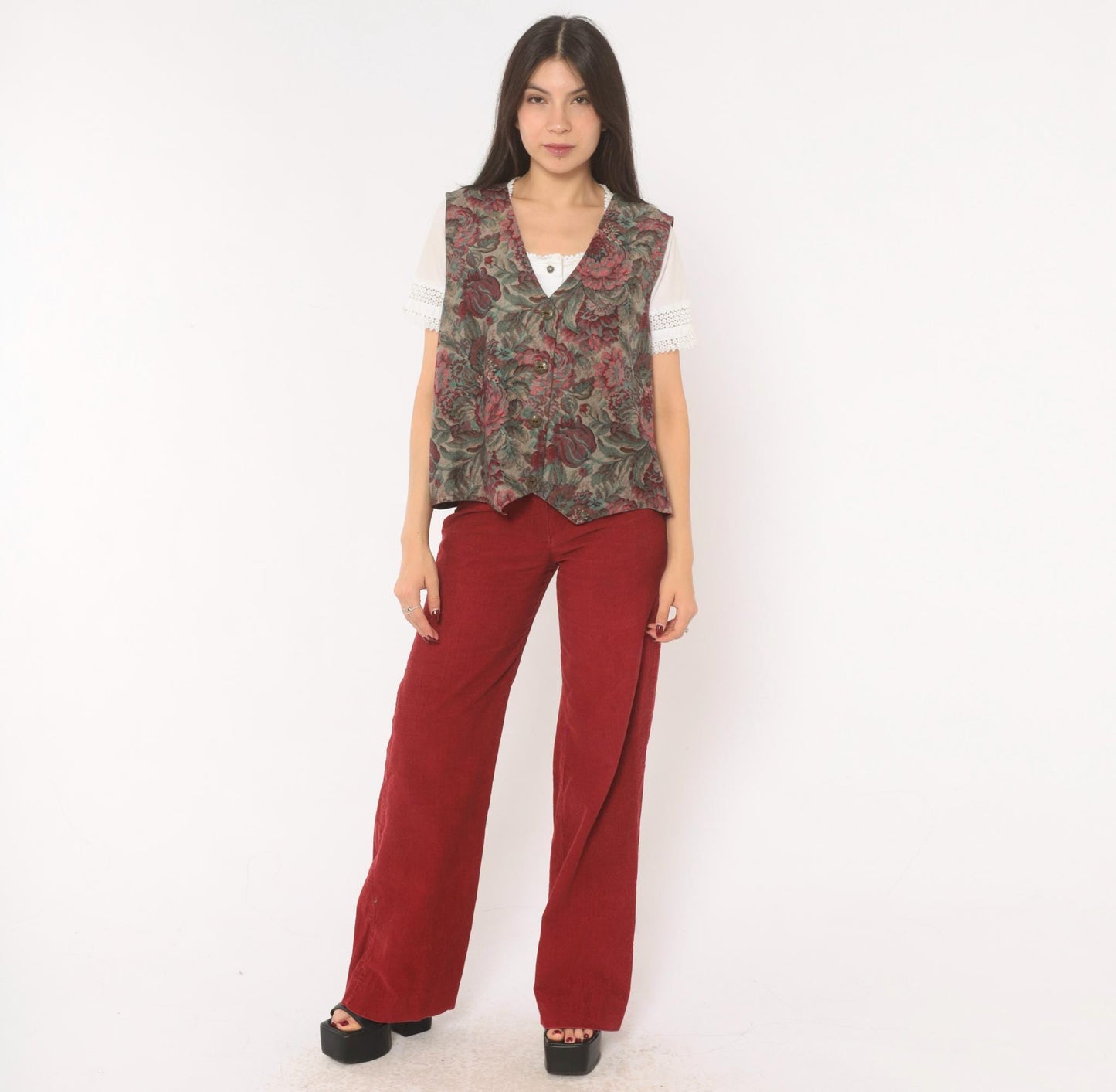 90s Floral Tapestry Vest Burgundy Teal Rose Jacquard Button Front Large L