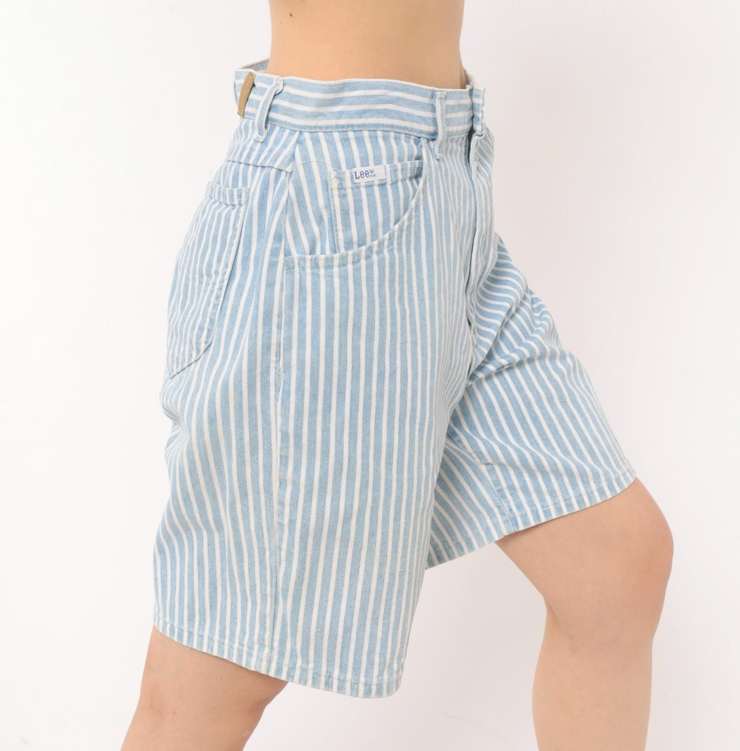 90s Lee High Waist Pinstriped Denim Shorts Blue White Bermuda Medium M