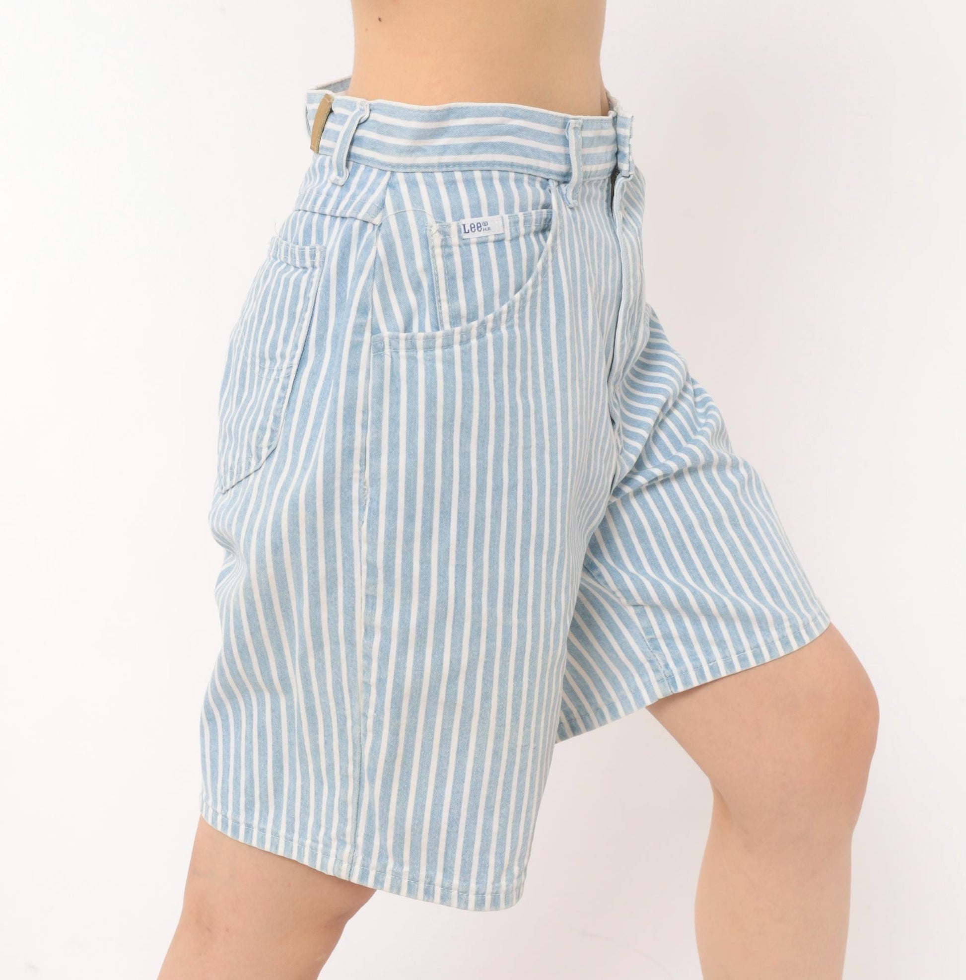 90s Lee High Waist Pinstriped Denim Shorts Blue White Bermuda Medium M