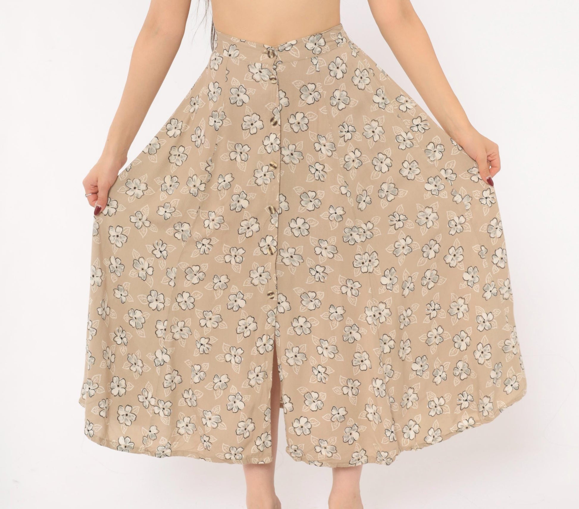 90s Tan Floral Maxi Skirt A-Line Button Front Elastic Waist Medium