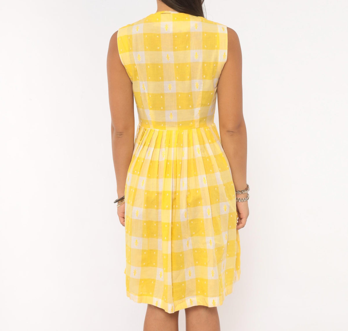 60s Yellow White Gingham Cotton Sundress Button Front Pleated Knee Length Extra Small