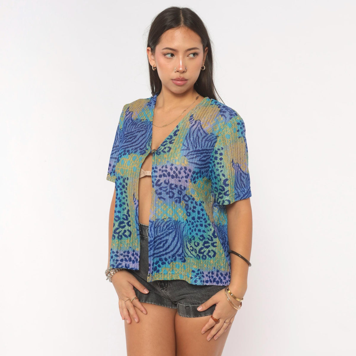 90s Miss Dorby Sheer Mesh Cardigan Tropical Leaf Leopard Print Teal Medium Large