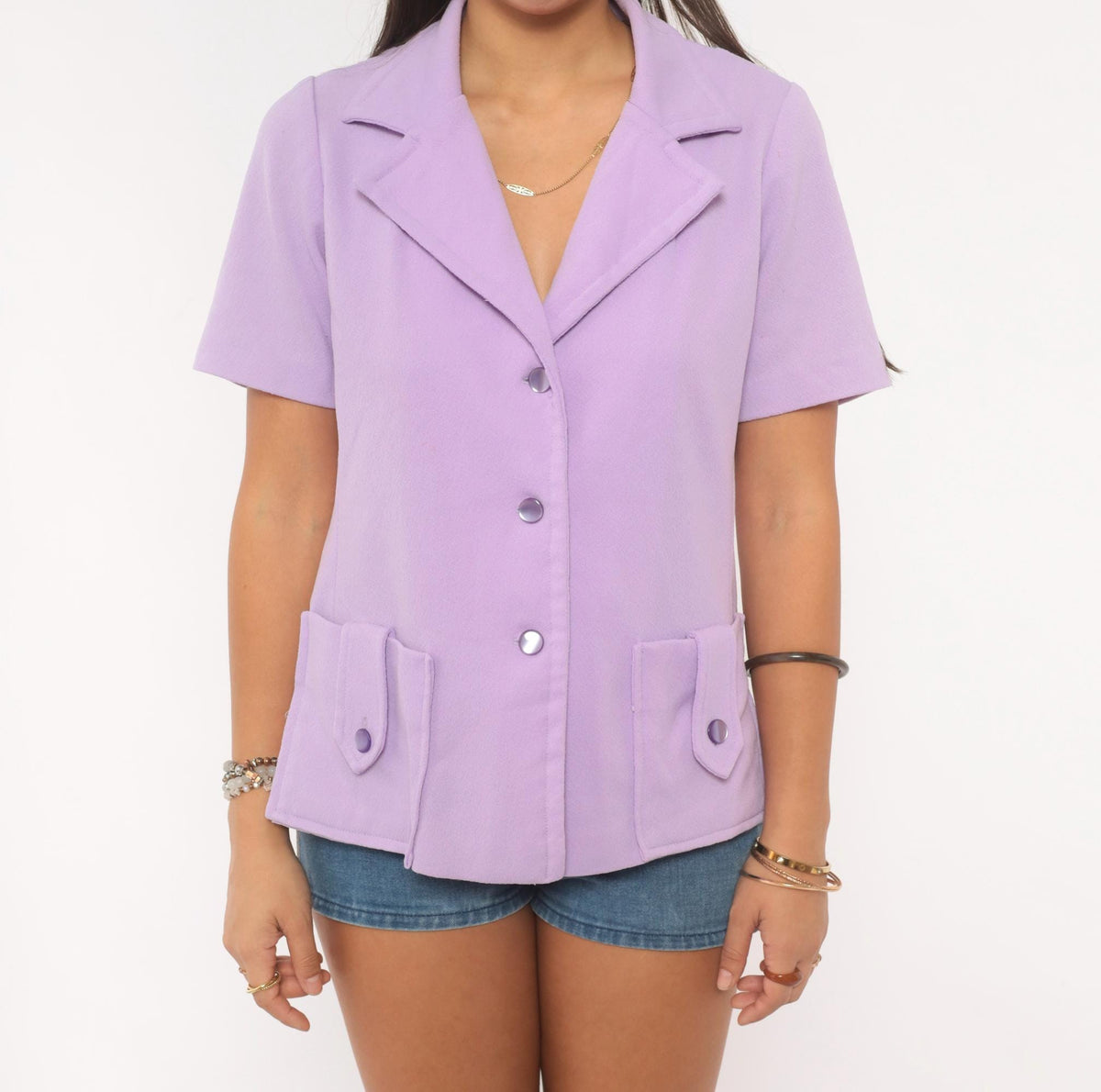 70s Lilac Button Front Blazer Short Sleeve Notched Lapel Fitted Waist Medium