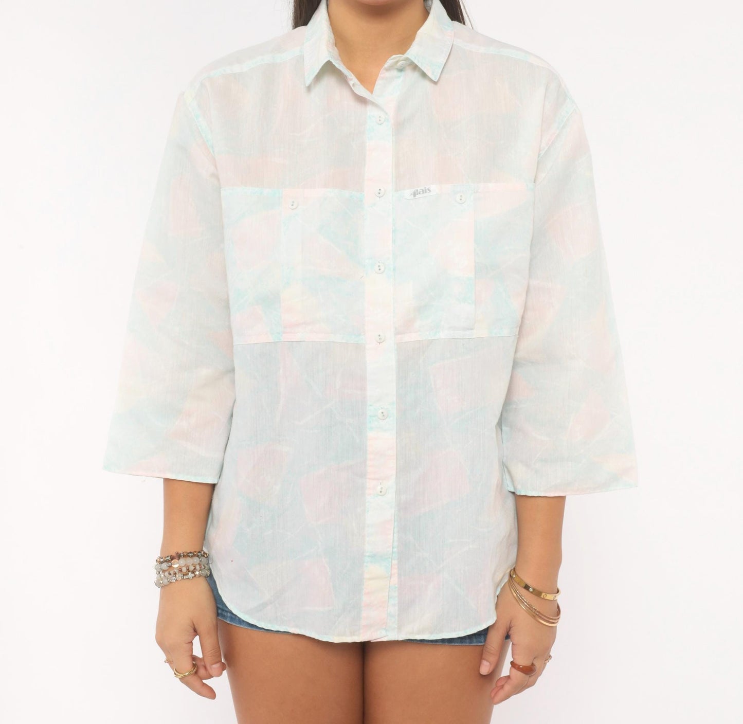 90s Alais Pastel Watercolor Button-Up Blouse Pink Blue Cotton Medium M