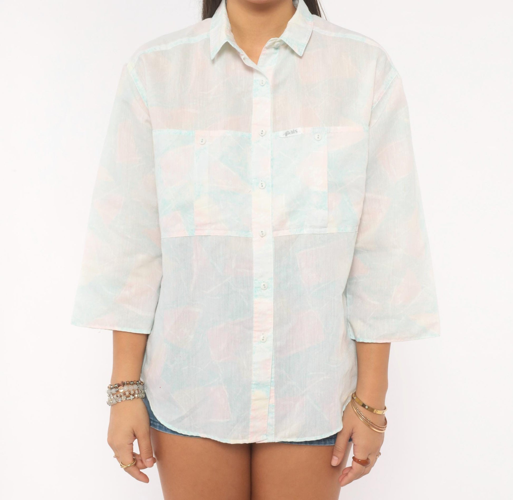 90s Alais Pastel Watercolor Button-Up Blouse Pink Blue Cotton Medium M