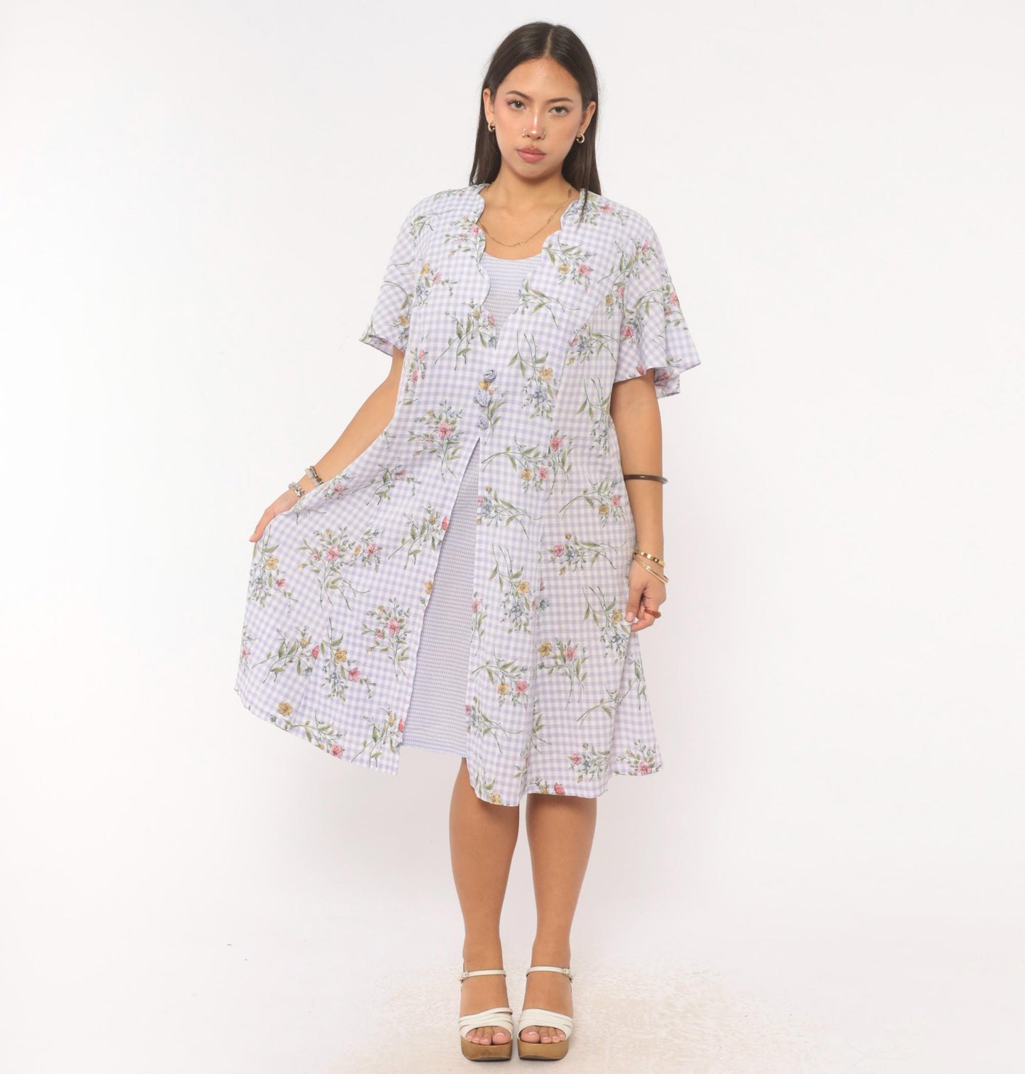 90s Sarah Richards Plus Lavender Gingham Floral Dress Flutter Sleeve A-Line Extra Large XXL