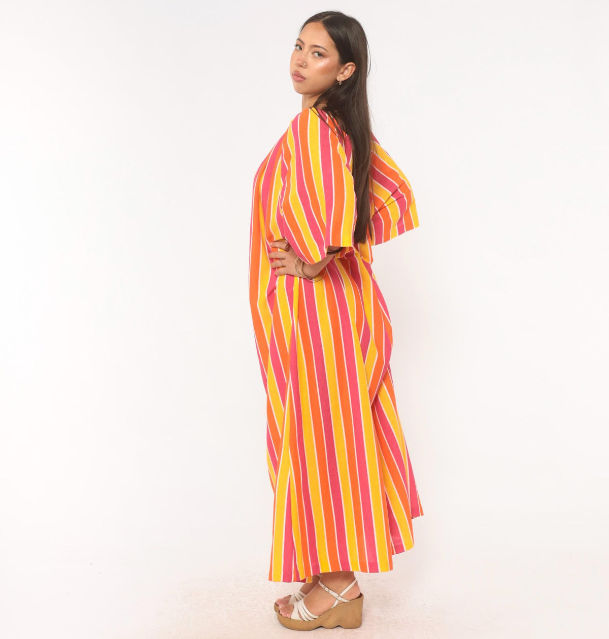 70s Striped Caftan Orange Pink Yellow Cotton Maxi Dress Flutter Sleeve Plus Size 3X