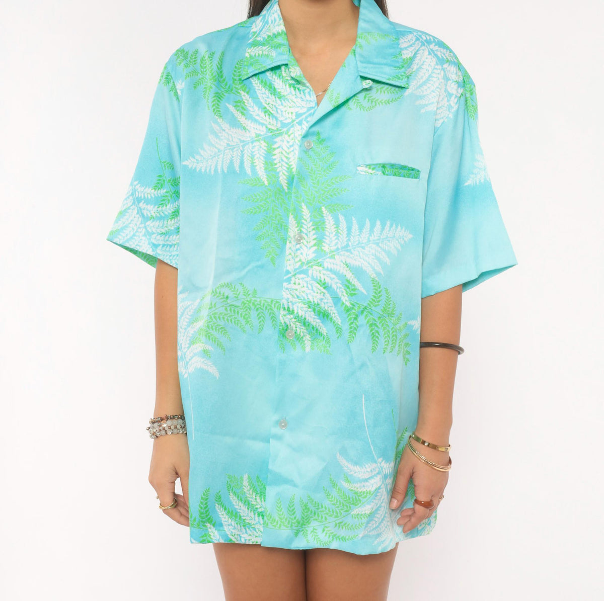 90s Malihini Hawaiian Shirt Fern Print Aqua Blue Green Leaf Camp Collar Medium