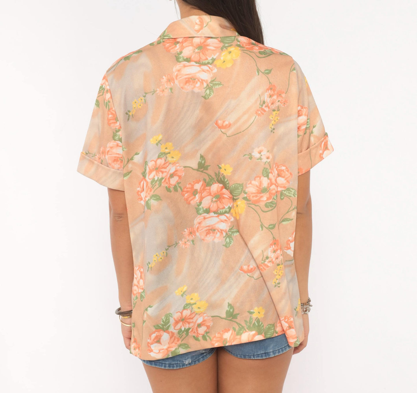 70s Floral Polo Shirt Peach Tan Rose Print Collared Pullover Large L