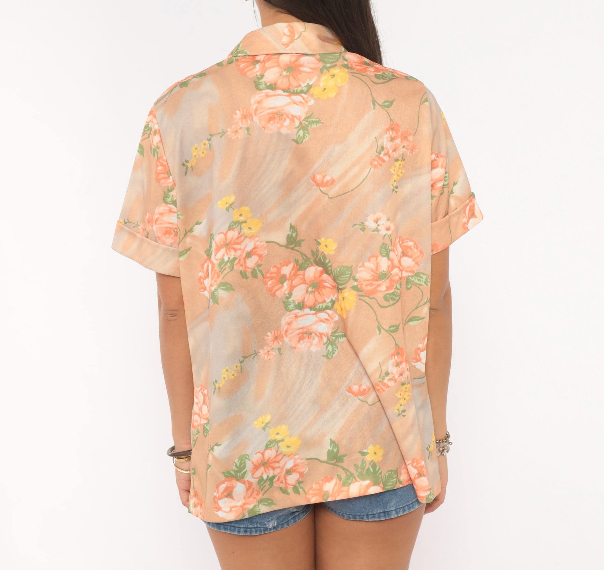 70s Floral Polo Shirt Peach Tan Rose Print Collared Pullover Large L