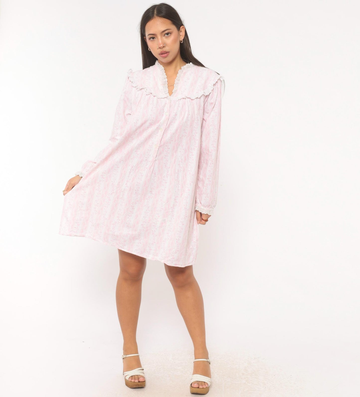 80s Larz of Salzbury Pink Floral Striped Cotton Nightgown Small