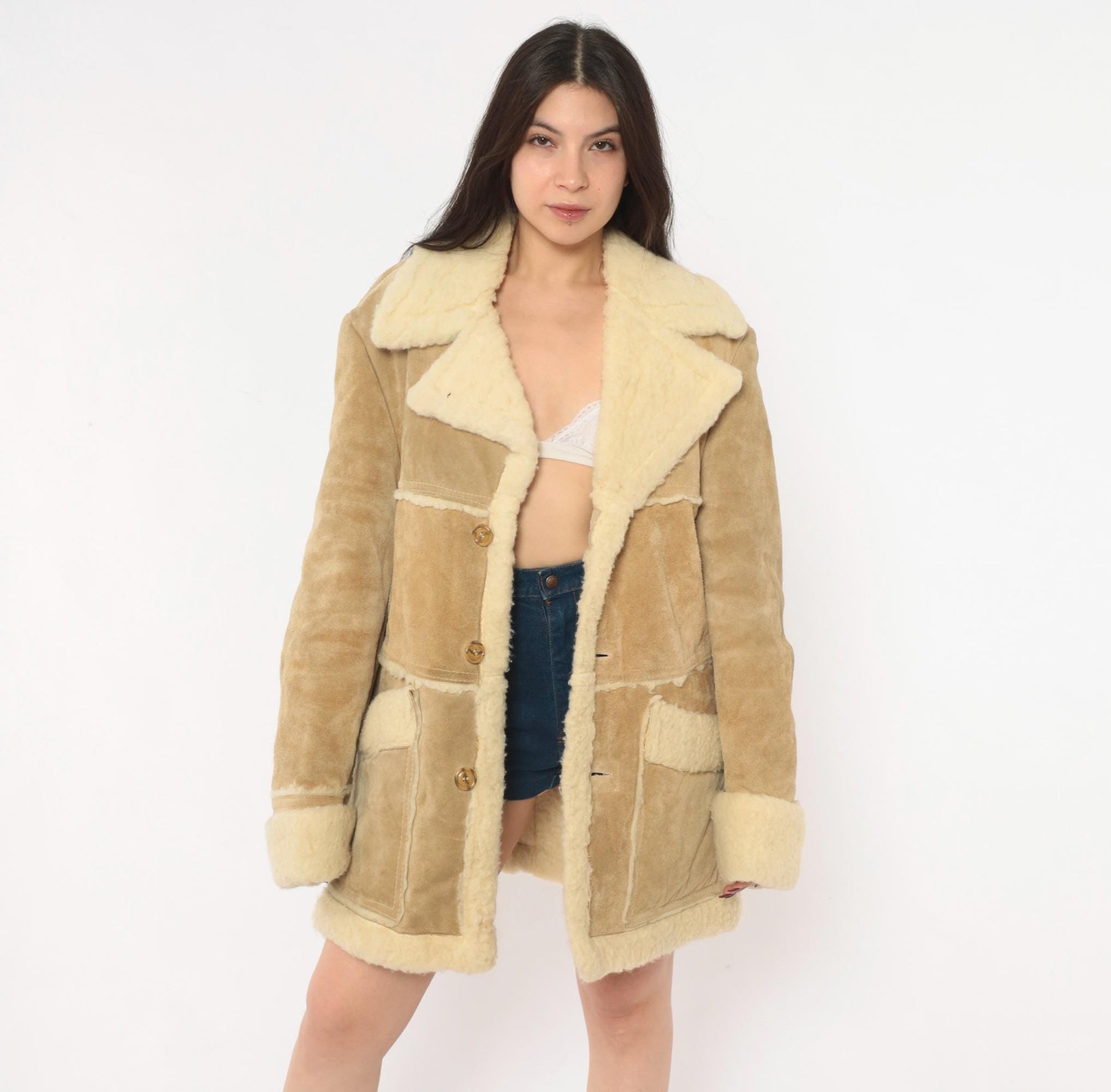 70s Tan Suede Shearling Jacket Wool Lined Cream Sherpa Collar Extra Large XL