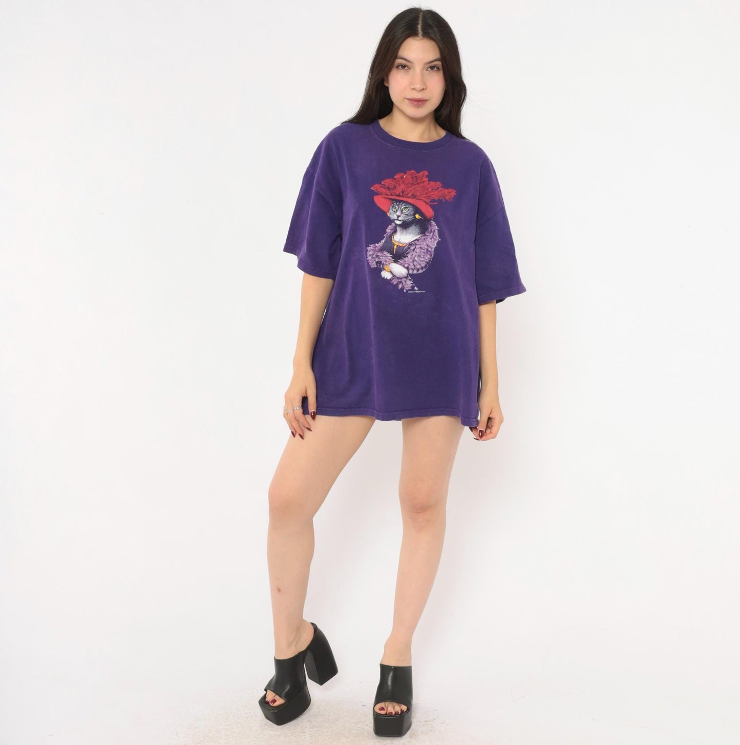 Y2K Gildan Cat Graphic Tee Purple Feather Boa Red Hat Extra Large XL