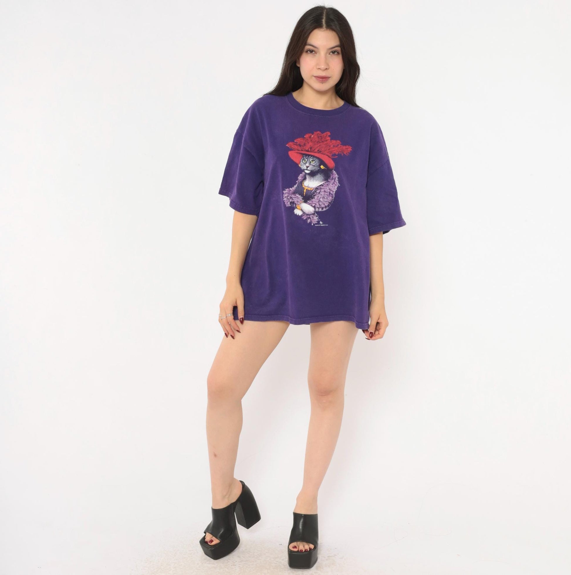 Y2K Gildan Cat Graphic Tee Purple Feather Boa Red Hat Extra Large XL
