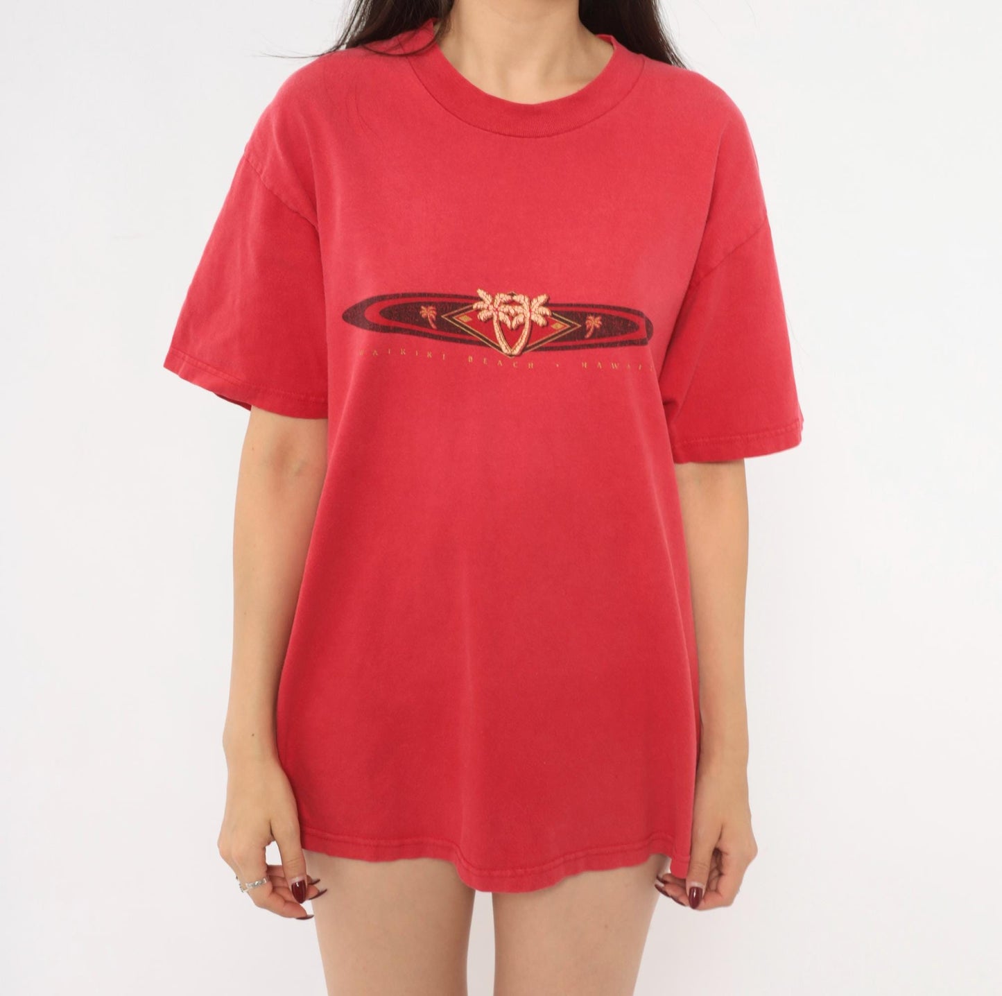 90s Waikiki Beach Hawaii Hanes Tee Red Cotton Palm Tree Graphic Large L