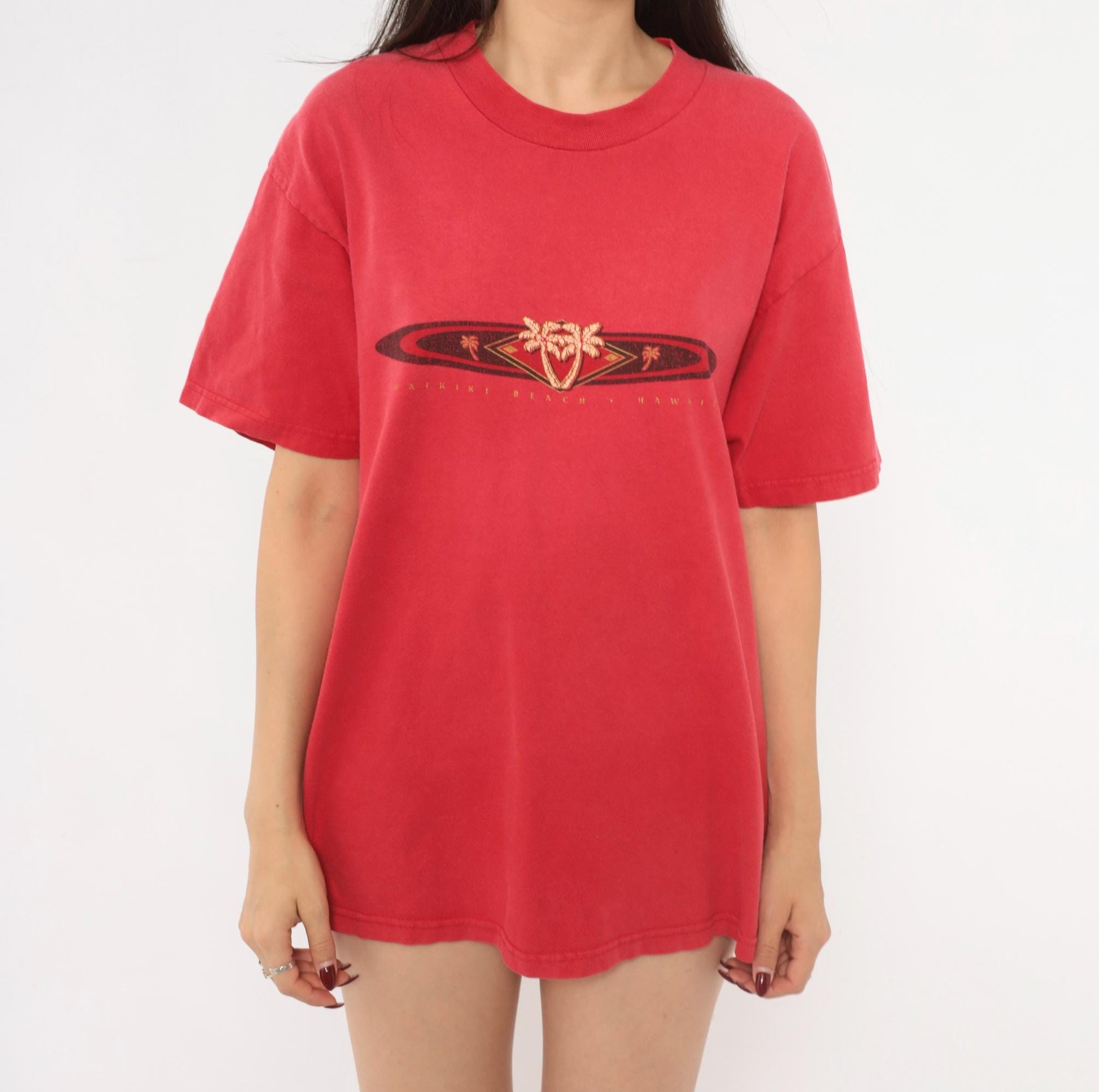 90s Waikiki Beach Hawaii Hanes Tee Red Cotton Palm Tree Graphic Large L
