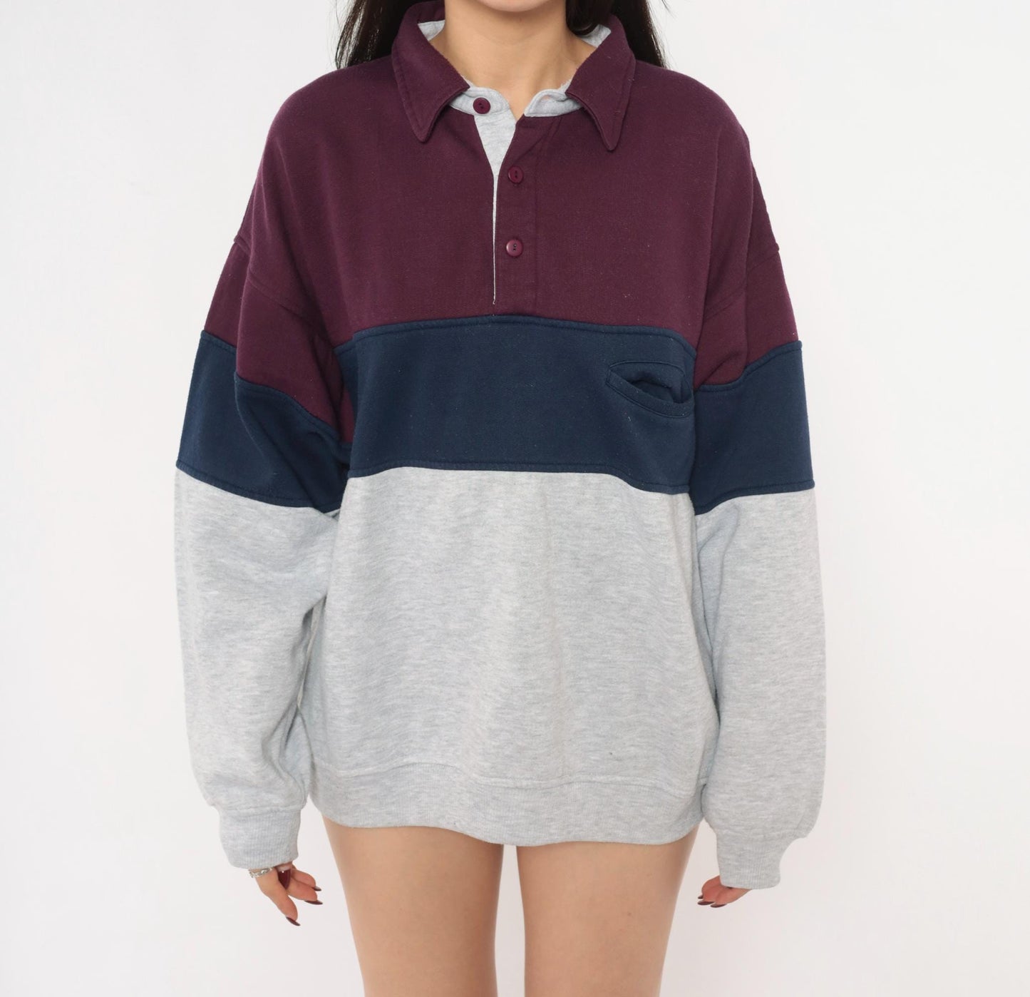 90s Greenline International Color Block Rugby Polo Burgundy Navy Medium