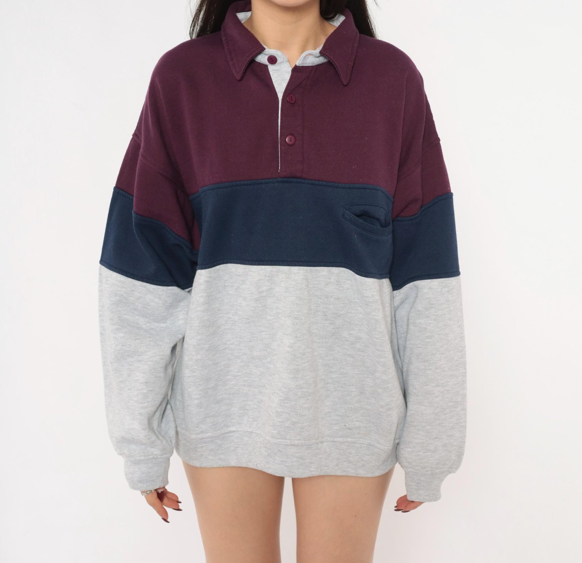 90s Greenline International Color Block Rugby Polo Burgundy Navy Medium