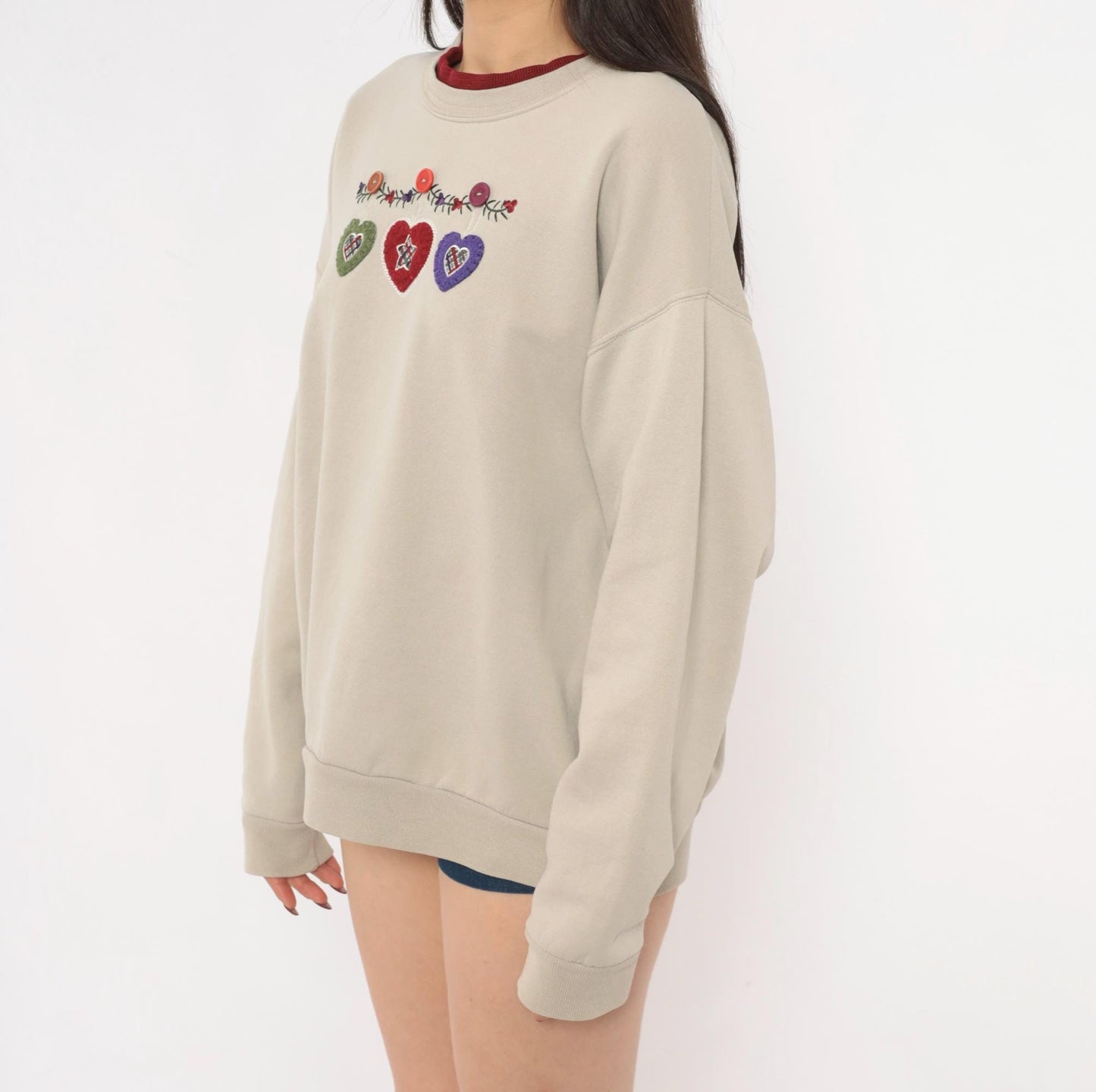 90s Taupe Crewneck Sweatshirt Heart Applique Folk Art Embroidered Medium M