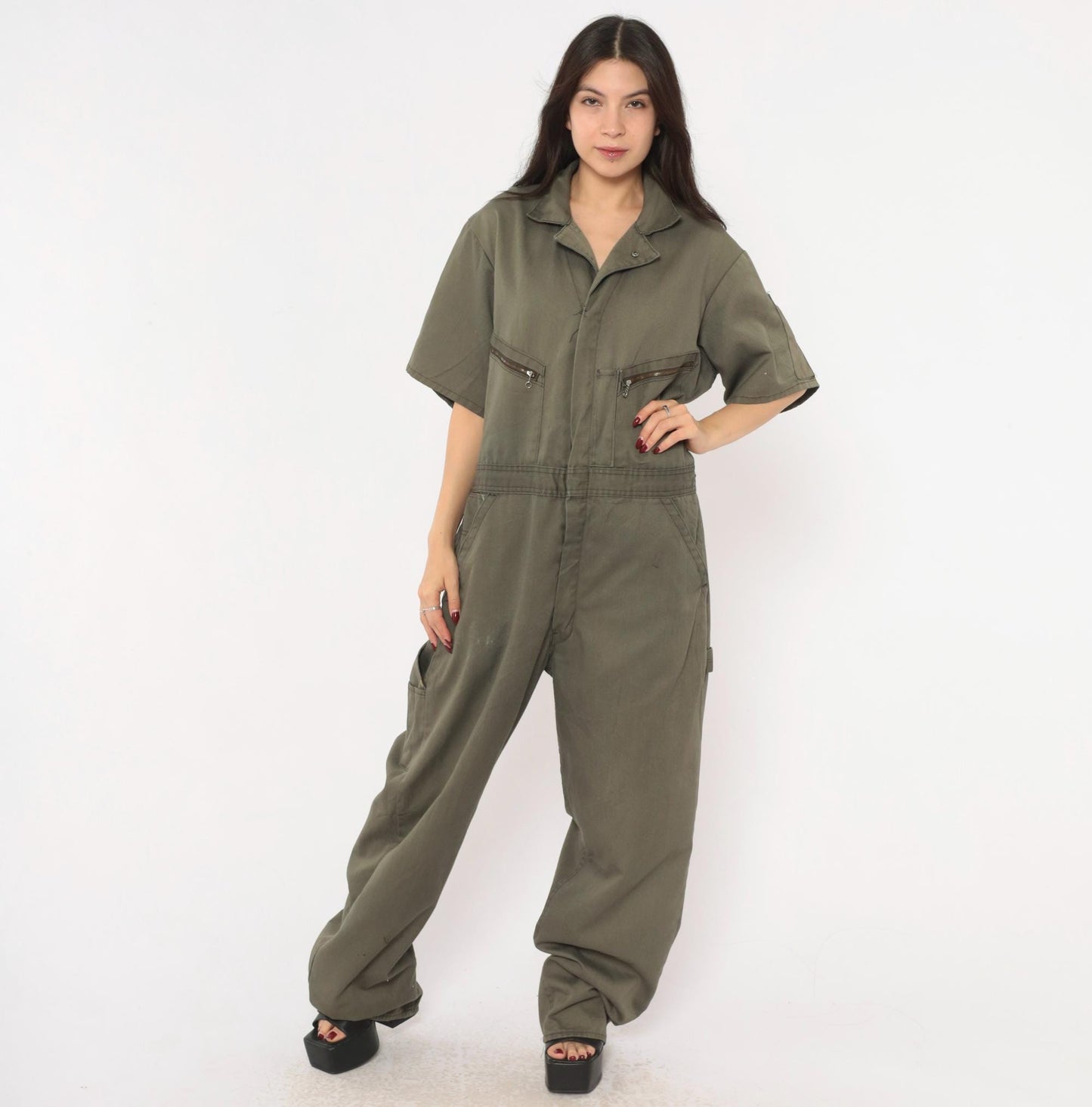 90s Dickies Olive Coveralls Zip Front Short Sleeve Jumpsuit Workwear Extra Large