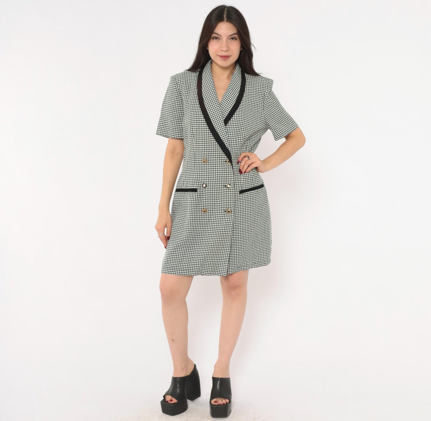 80s Danny & Nicole Gingham Blazer Dress Black White Check Large