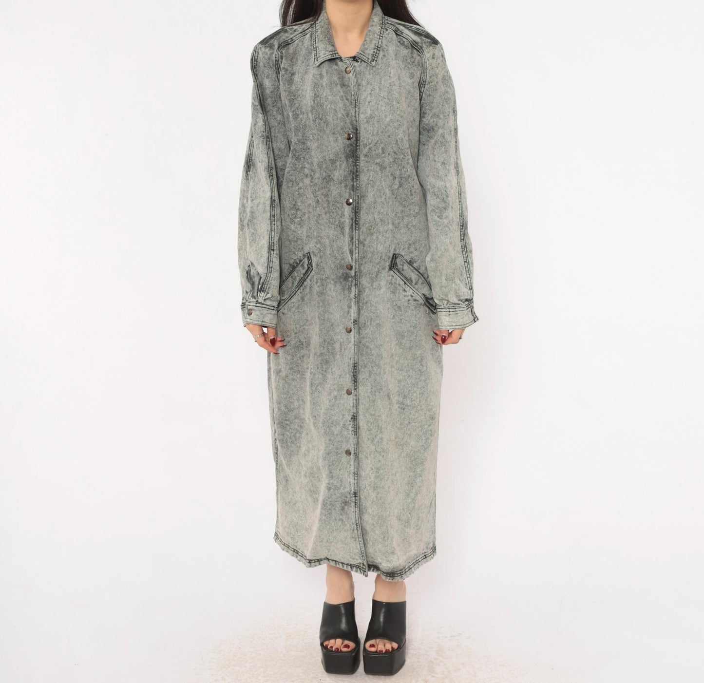 90s Acid Wash Denim Duster Grey Snap Front Maxi Jacket Cotton Medium M