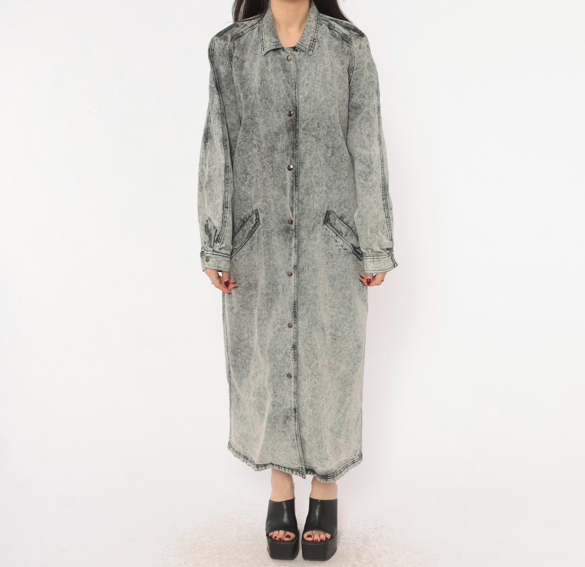 90s Acid Wash Denim Duster Grey Snap Front Maxi Jacket Cotton Medium M