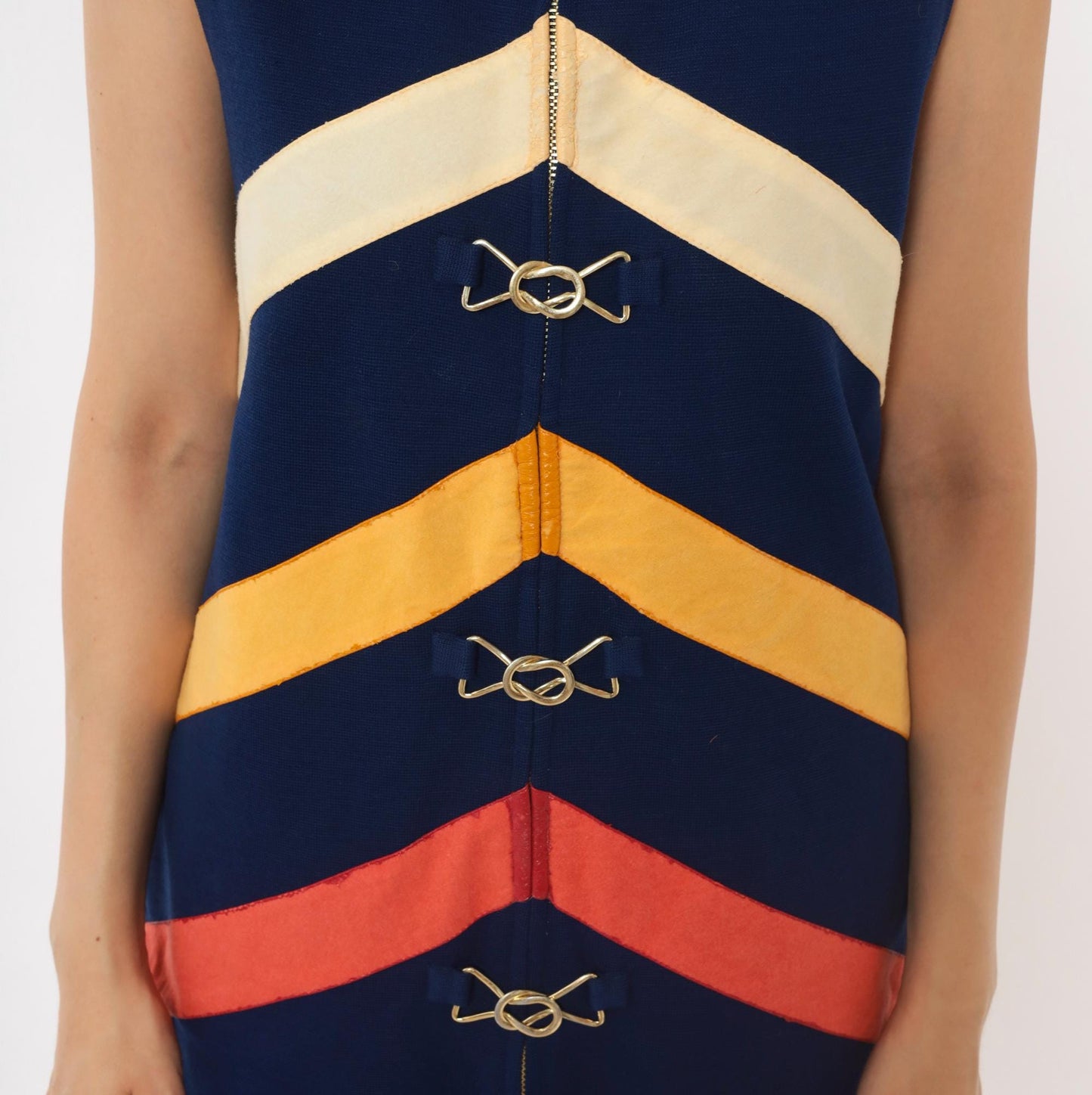60s Di Costa Wool Chevron Stripe Mini Dress Navy Cream Gold Coral Zip Front Medium