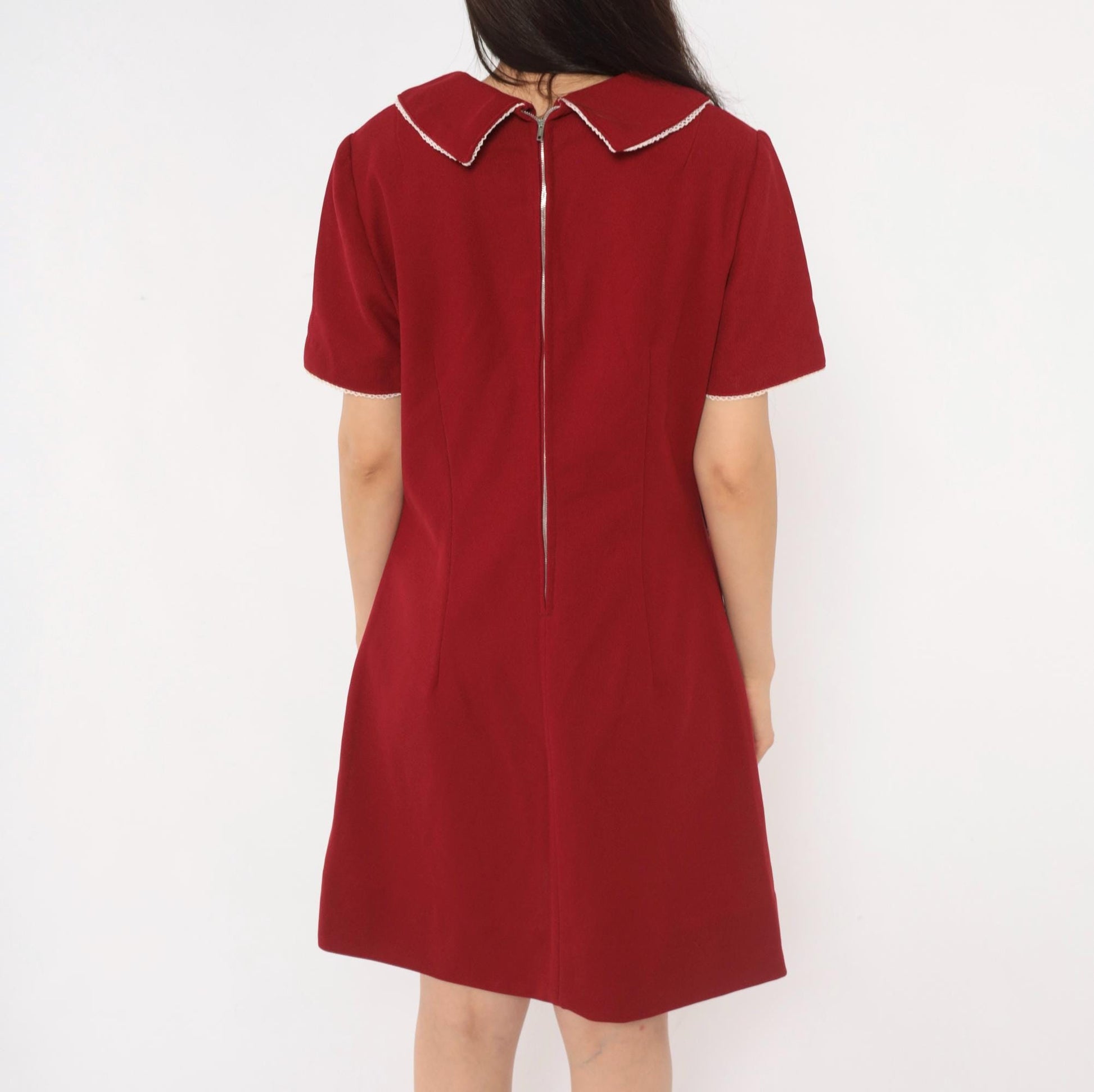 70s Burgundy Sailor Collar A-Line Dress Lace Trim Knee Length Medium