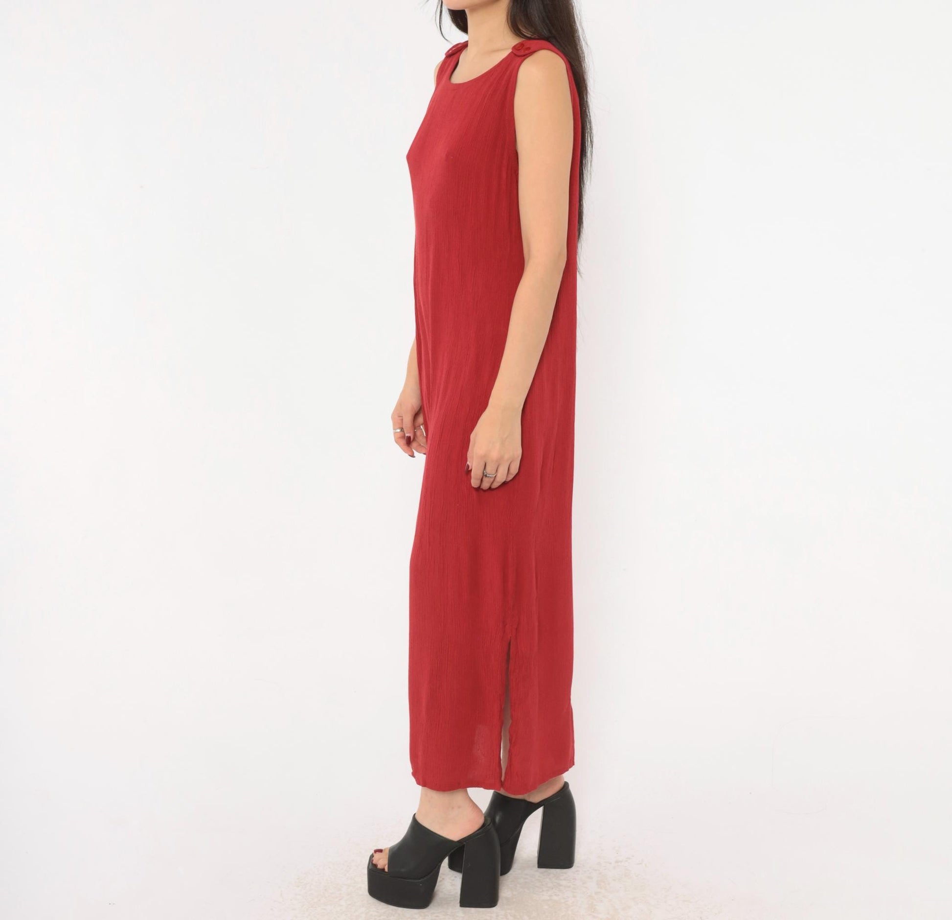 90s Sag Harbor Cranberry Maxi Dress Sleeveless Shoulder Buttons Extra Large