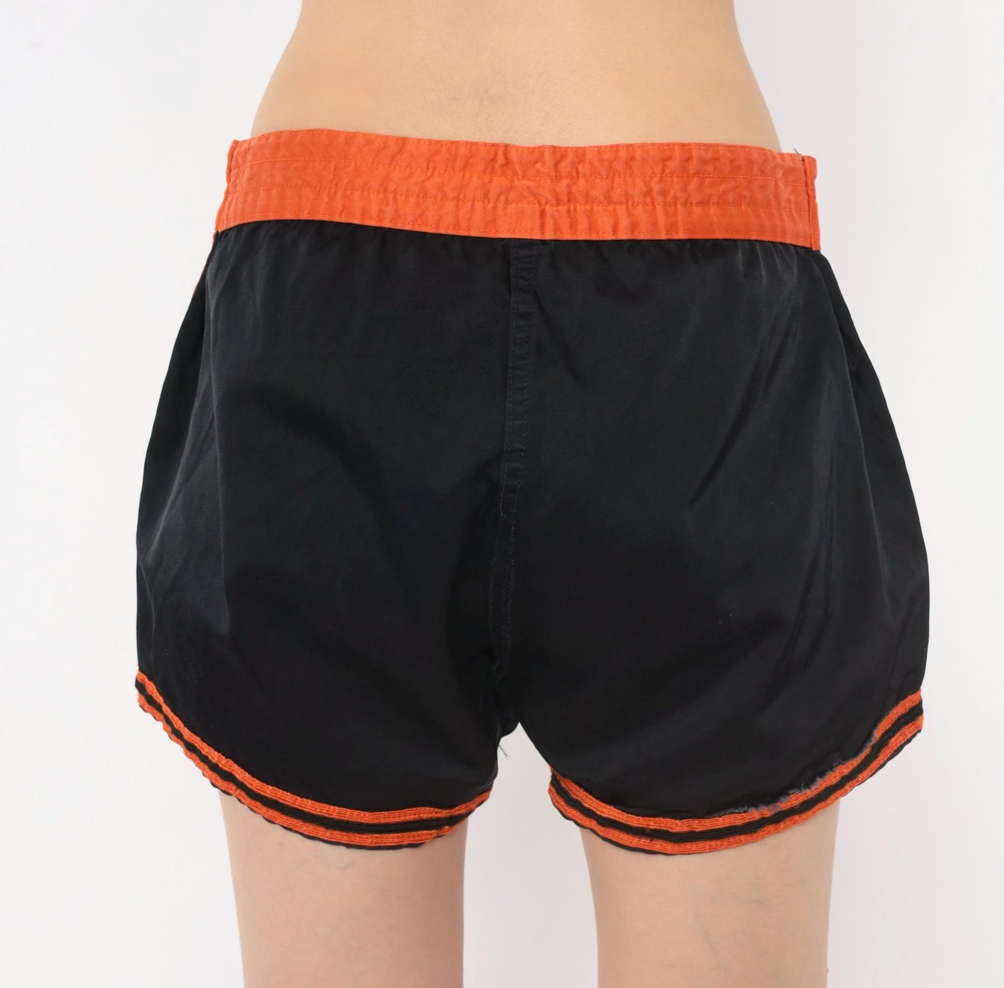 70s Mason Black Athletic Shorts Orange Stripe High-Waist Dolphin Medium M