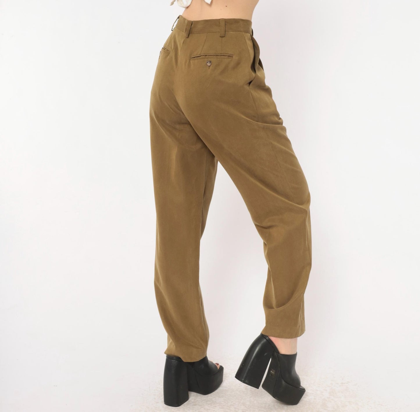 90s Pleated High-Waist Trousers Olive Tapered Leg Front Pleat Extra Small XS