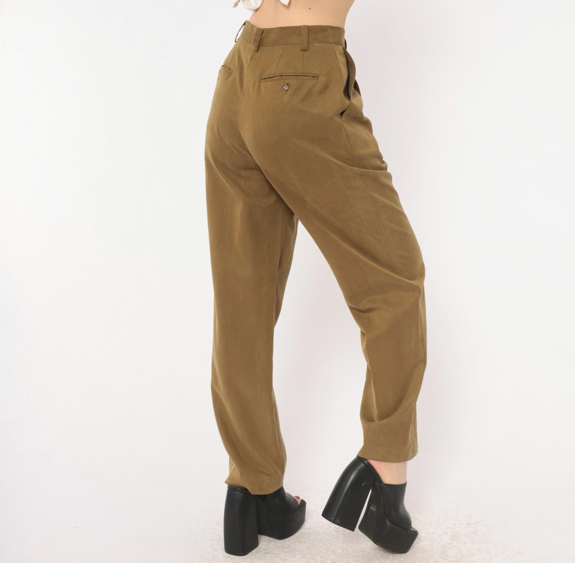 90s Pleated High-Waist Trousers Olive Tapered Leg Front Pleat Extra Small XS