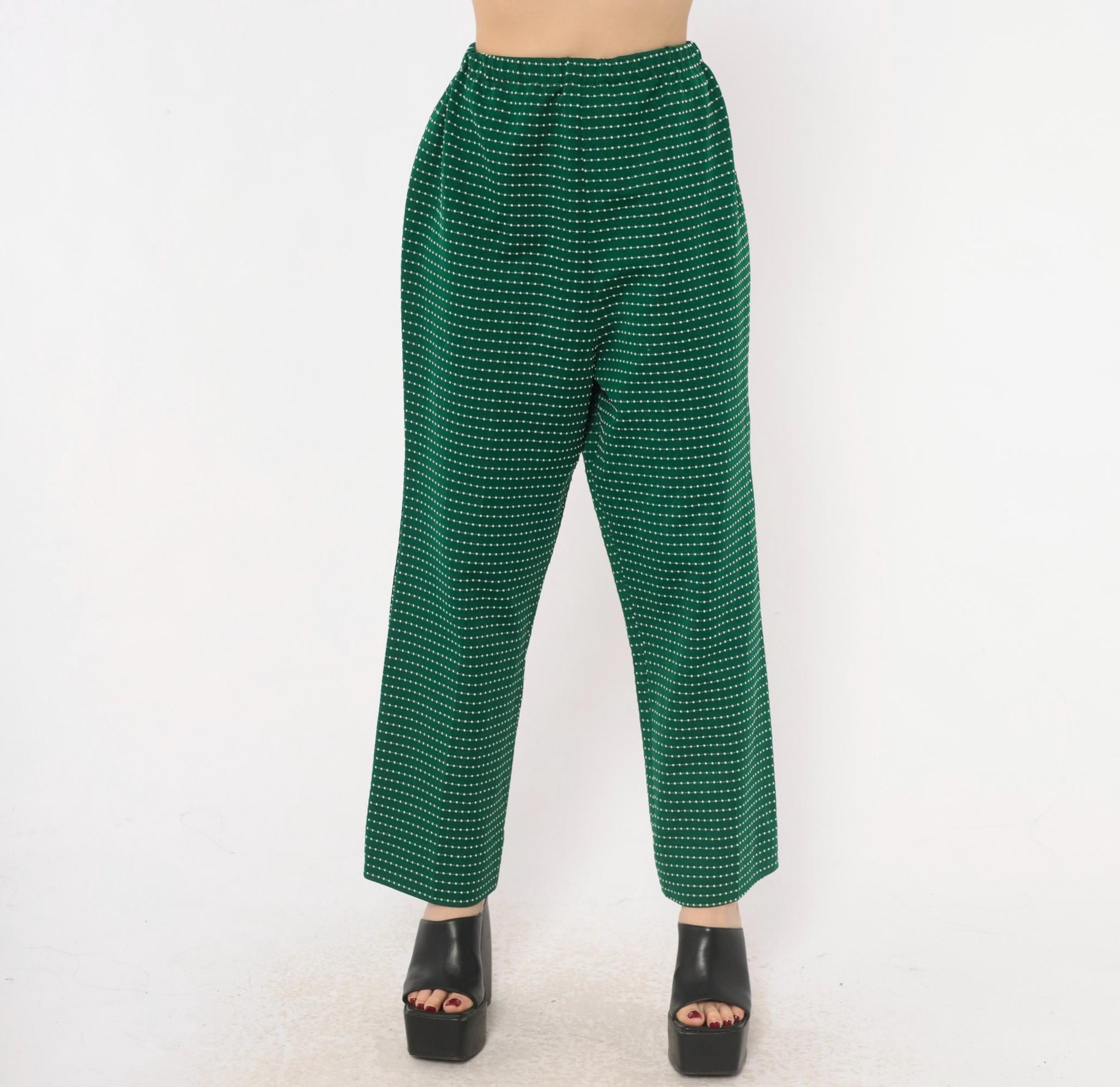 70s Green White Dotted Stripe Pull-On Trousers High Rise Wide Leg Small Medium