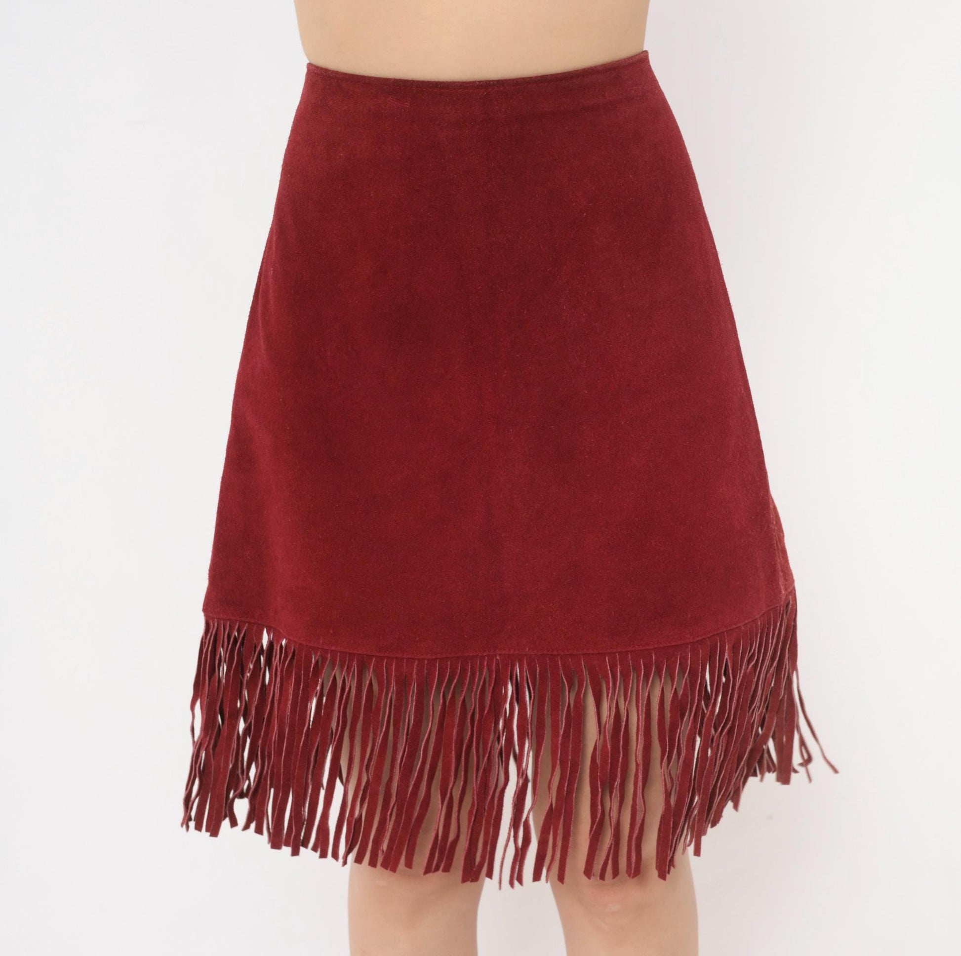 80s Passport Burgundy Suede Fringe A-Line Skirt High Waist Knee Length Large