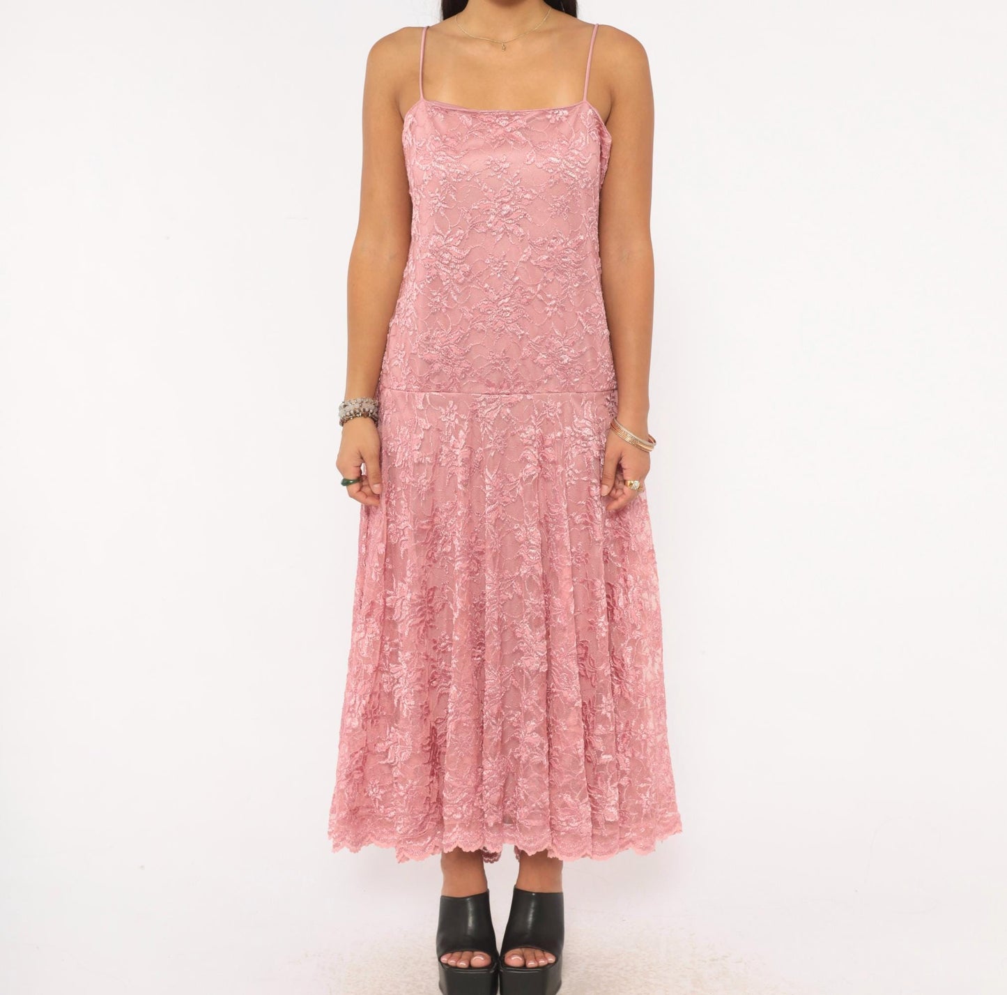 80s Pat Richards Pink Lace Maxi Dress Floral Embroidered Drop Waist Medium