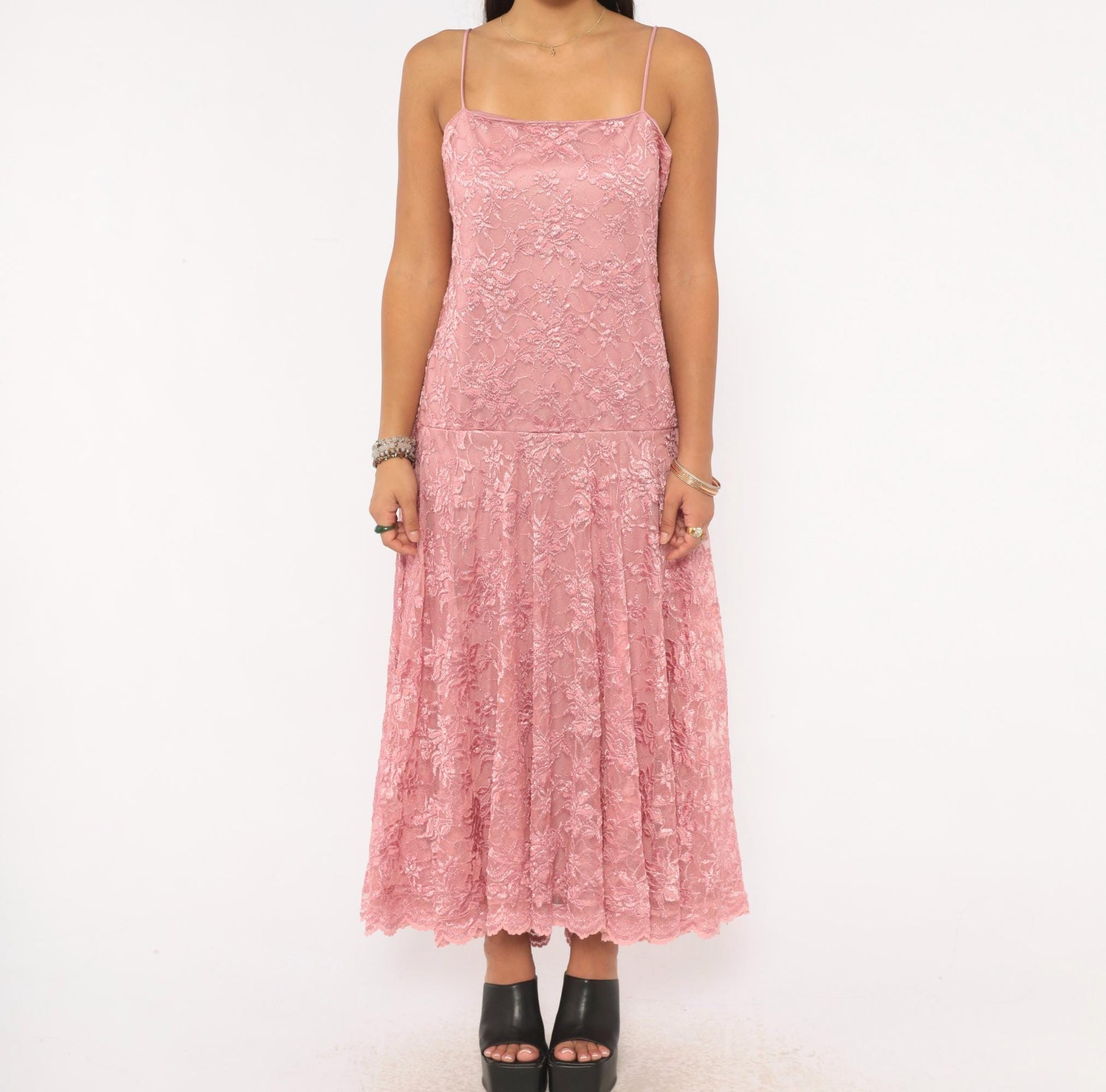 80s Pat Richards Pink Lace Maxi Dress Floral Embroidered Drop Waist Medium