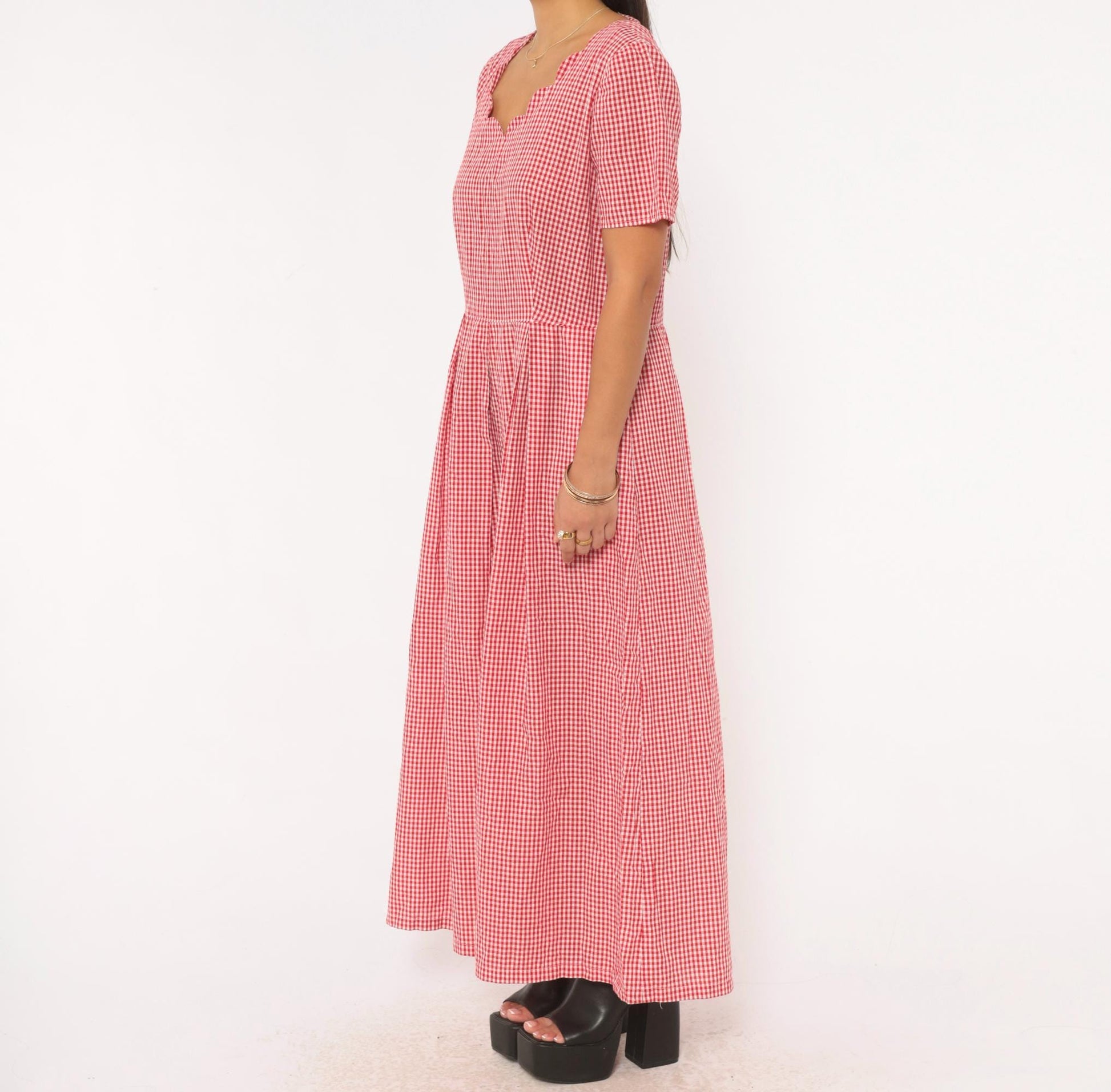 90s Red White Gingham Maxi Dress Sweetheart Neckline Pleated Cotton Large L