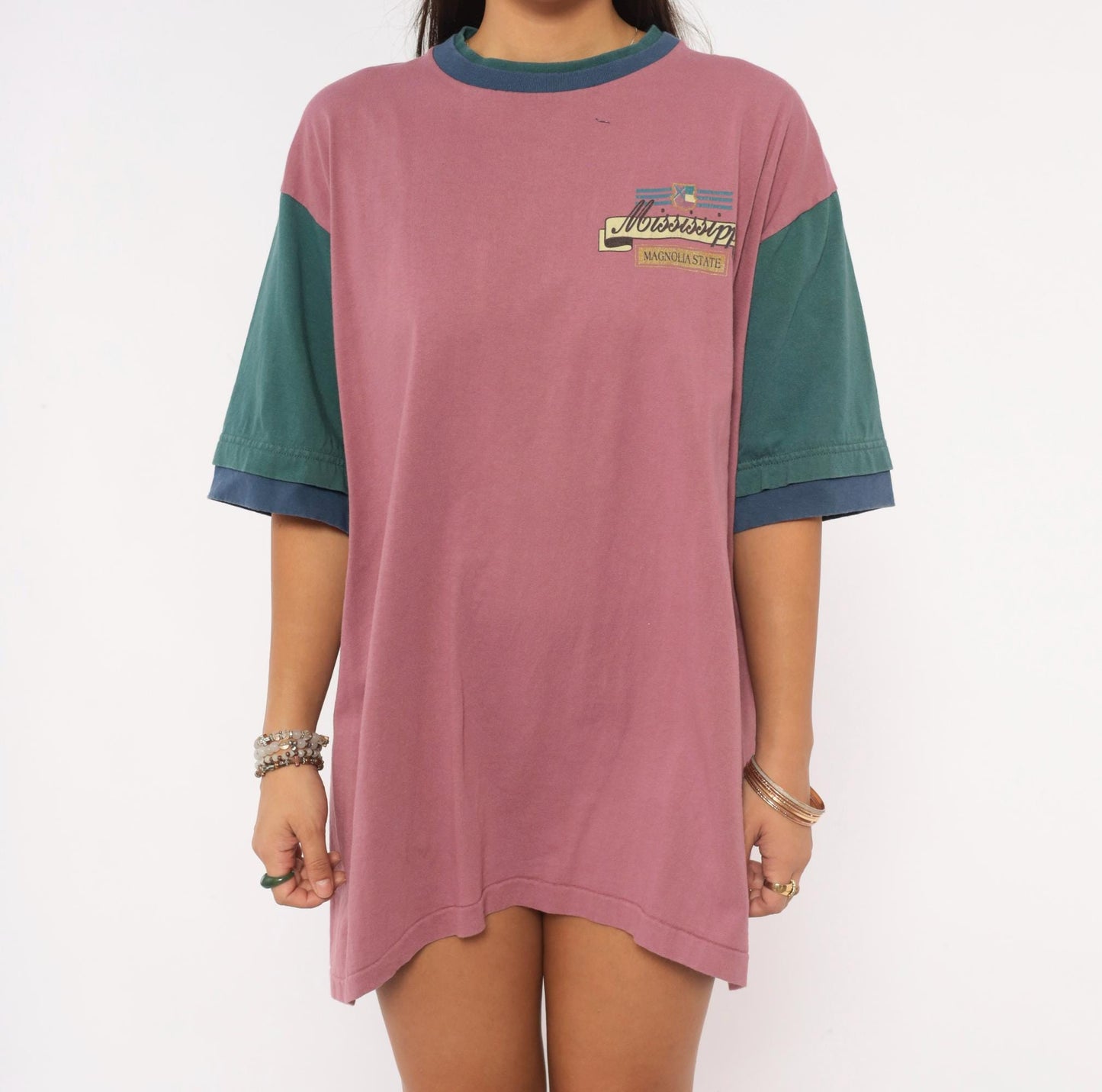 90s Mississippi Magnolia State Color Block Tee Mauve Teal Cotton Extra Large