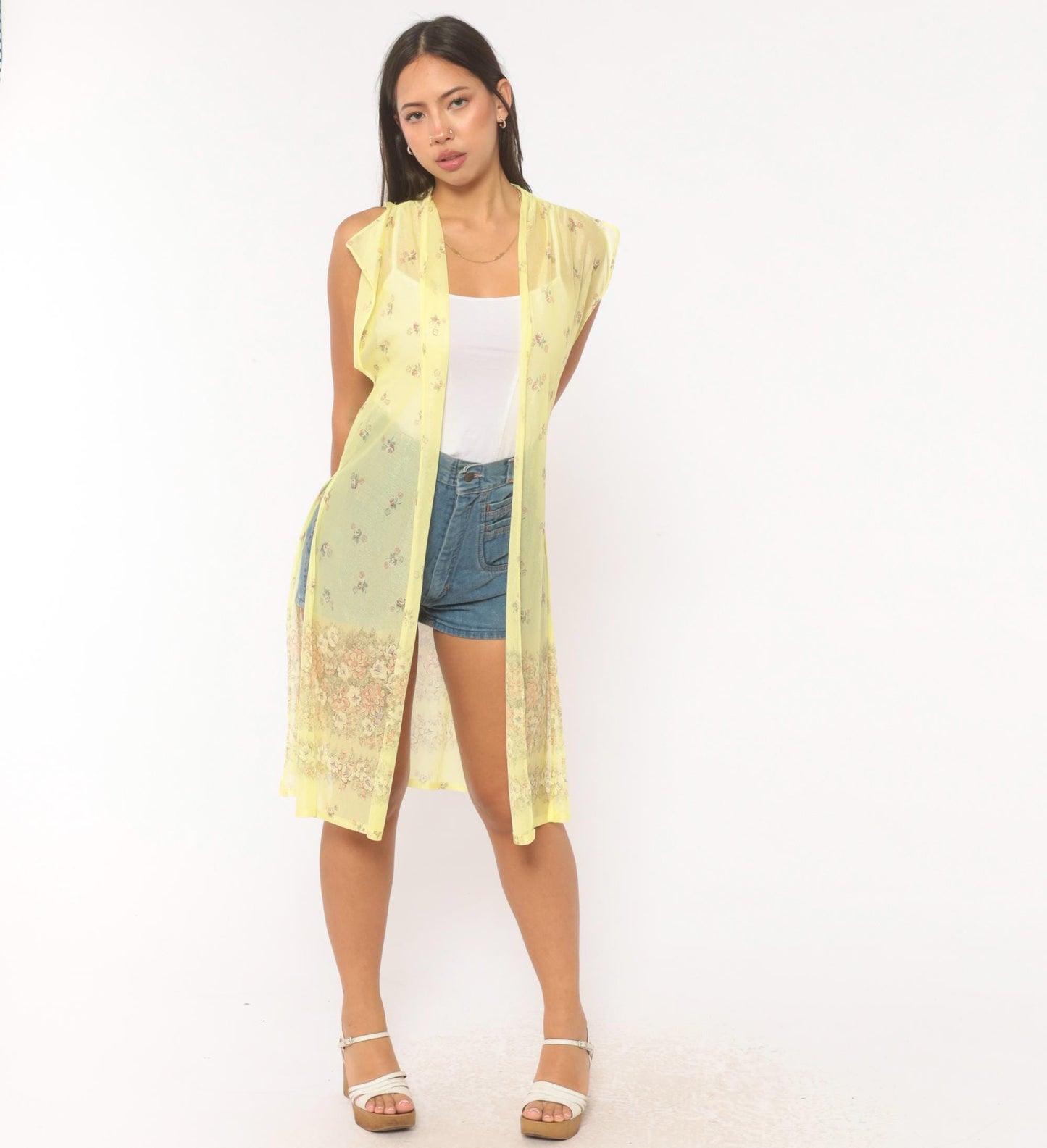 70s Yellow Sheer Floral Duster Cardigan Cap Sleeve Knee-Length Small