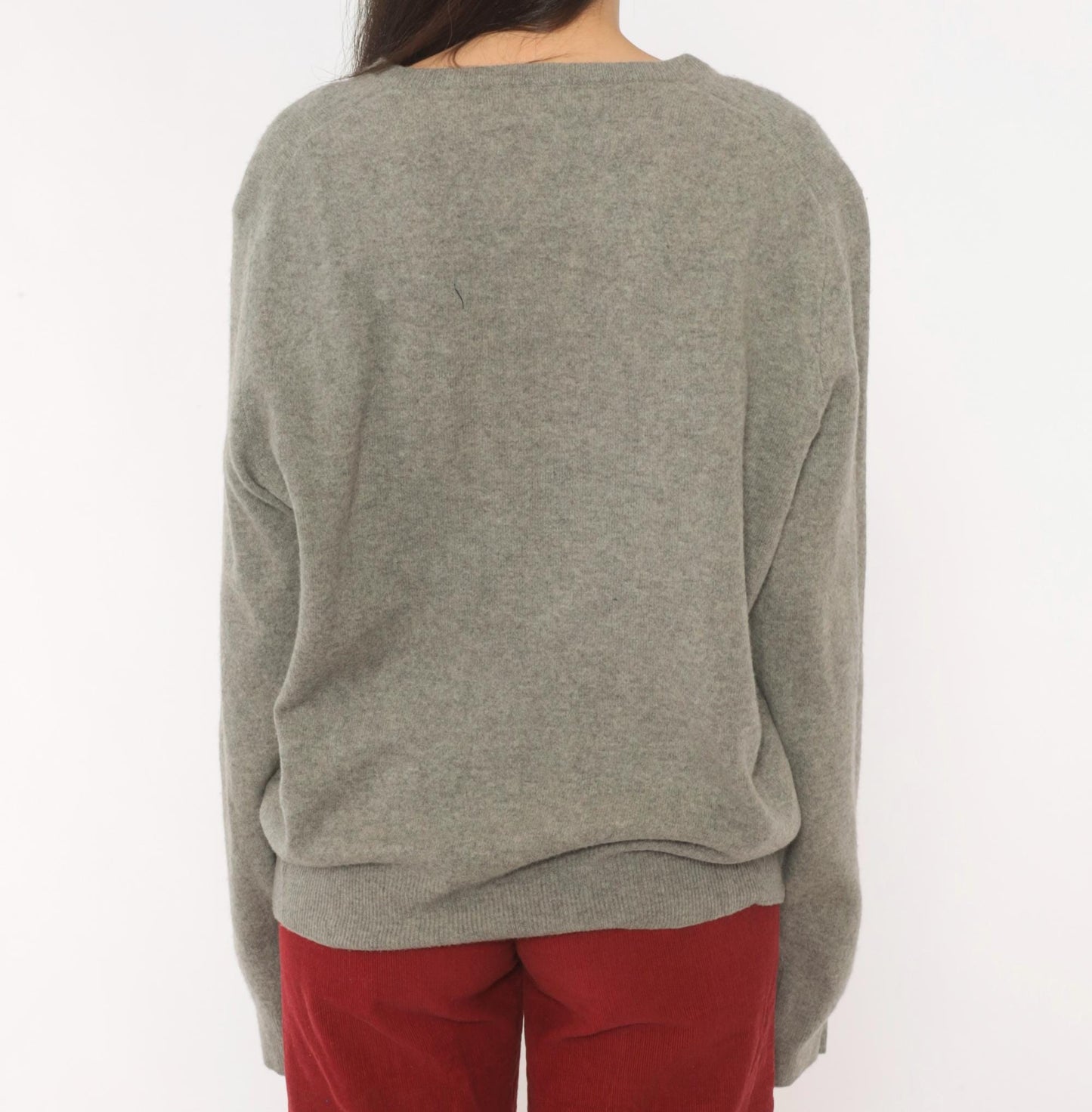 Y2K Ralph Lauren Grey Merino Wool V-Neck Sweater Distressed Large L