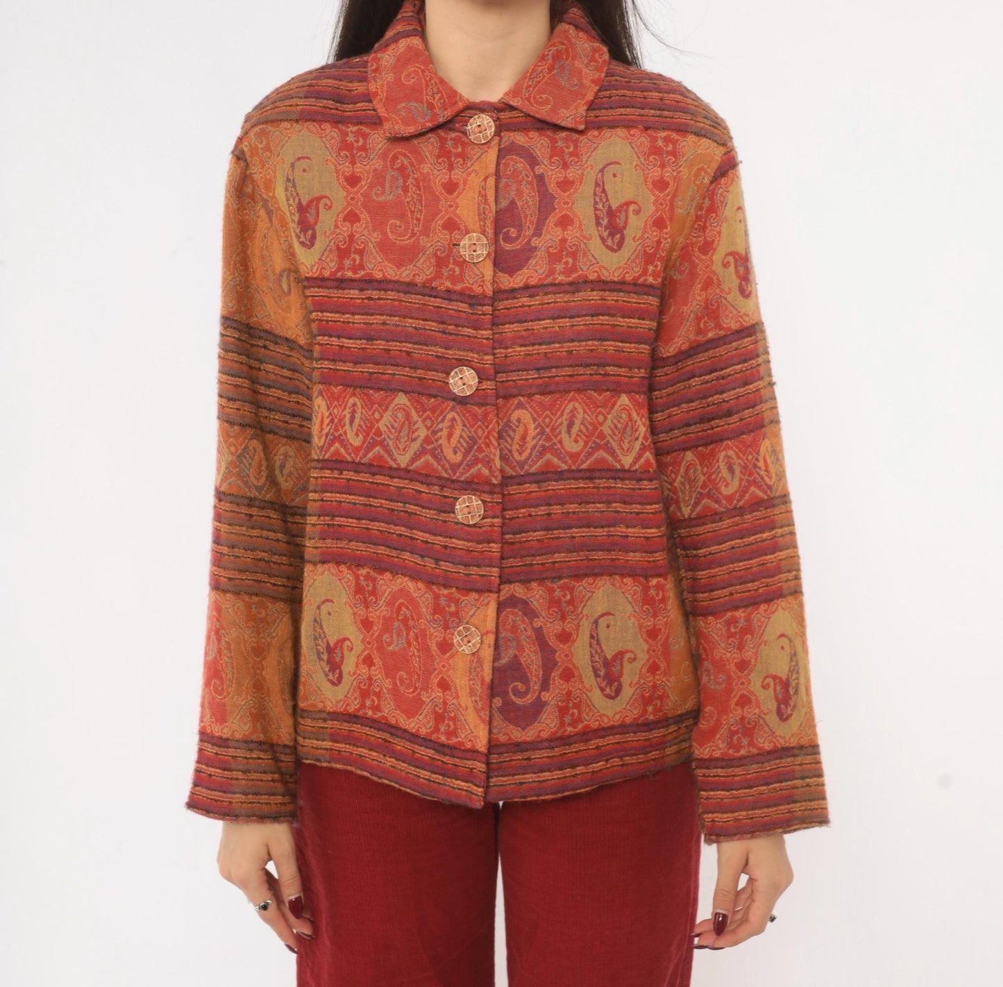 2000s Coldwater Creek Paisley Wool Jacket Rust Copper Plum XS