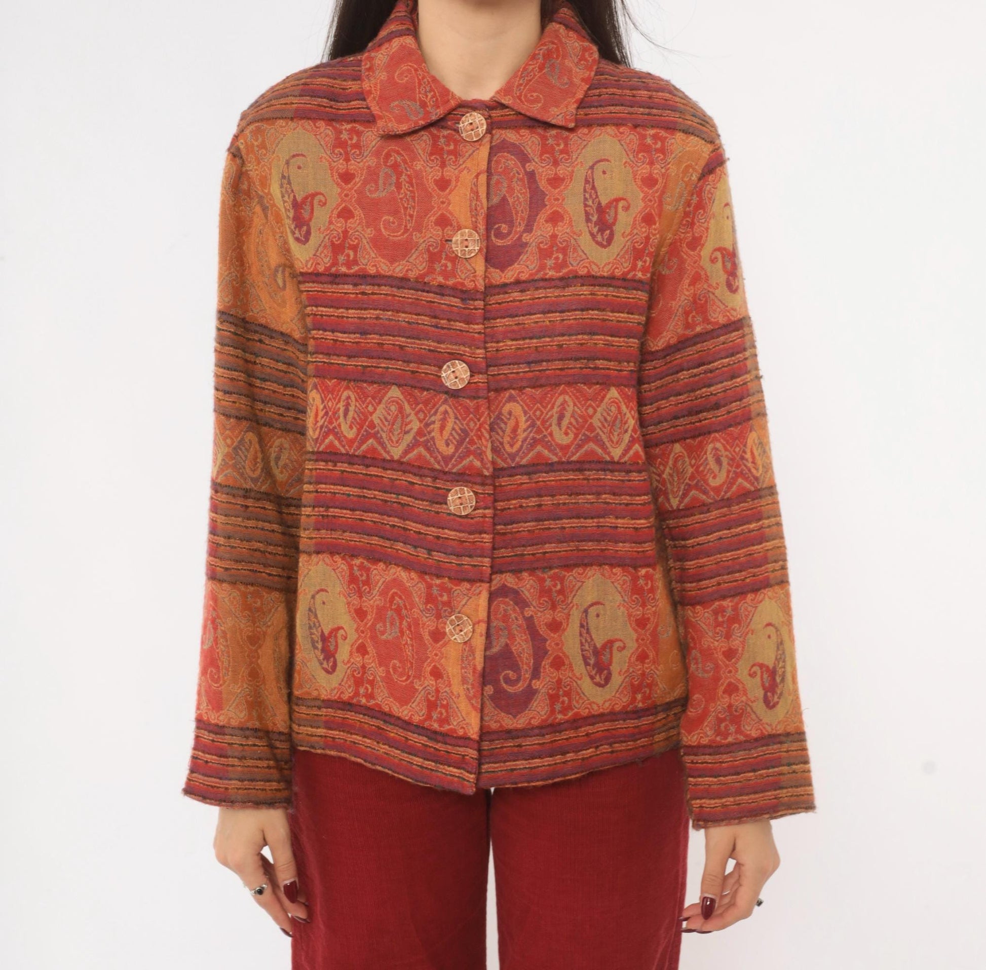 2000s Coldwater Creek Paisley Wool Jacket Rust Copper Plum XS